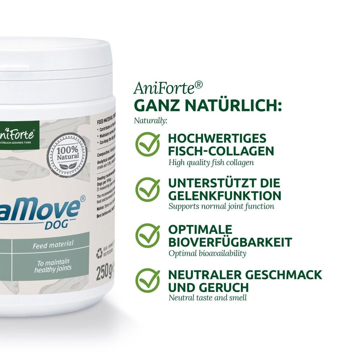 Weiße Dose mit AniForte CollaMove DOG-Etikett. Logo, Produktname, und Text. 250g. Text: Ganz natürlich, Fisch-Collagen, Gelenkfunktion.
