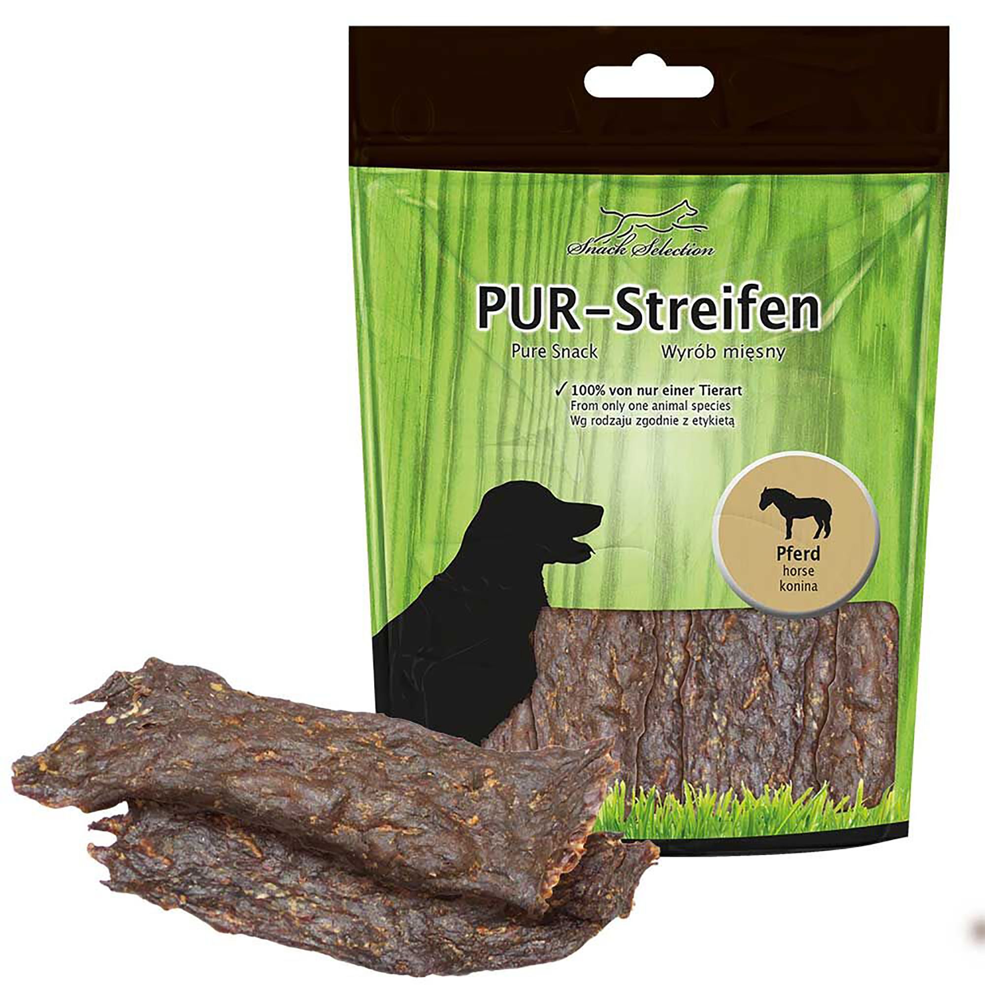 Beutel mit PUR-Streifen und drei Stücken Dörrfleisch. Aufdrucke: Hundesilhouette, Pferd-Symbol, Text. Produkt: Dörrfleisch aus Pferd.