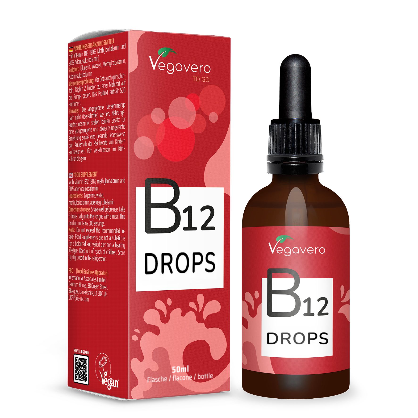 Braune Glasflasche mit Tropfer und roter Verpackung. Aufschrift: B12 DROPS. Marke: Vegavero.