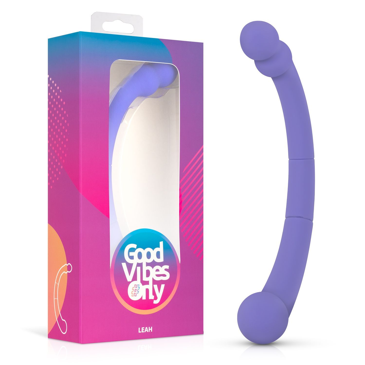 Produit de bien-être violet »Leah« dans son emballage. Boîte avec fenêtre, nom du produit et logo. Produit violet avec extrémités arrondies.