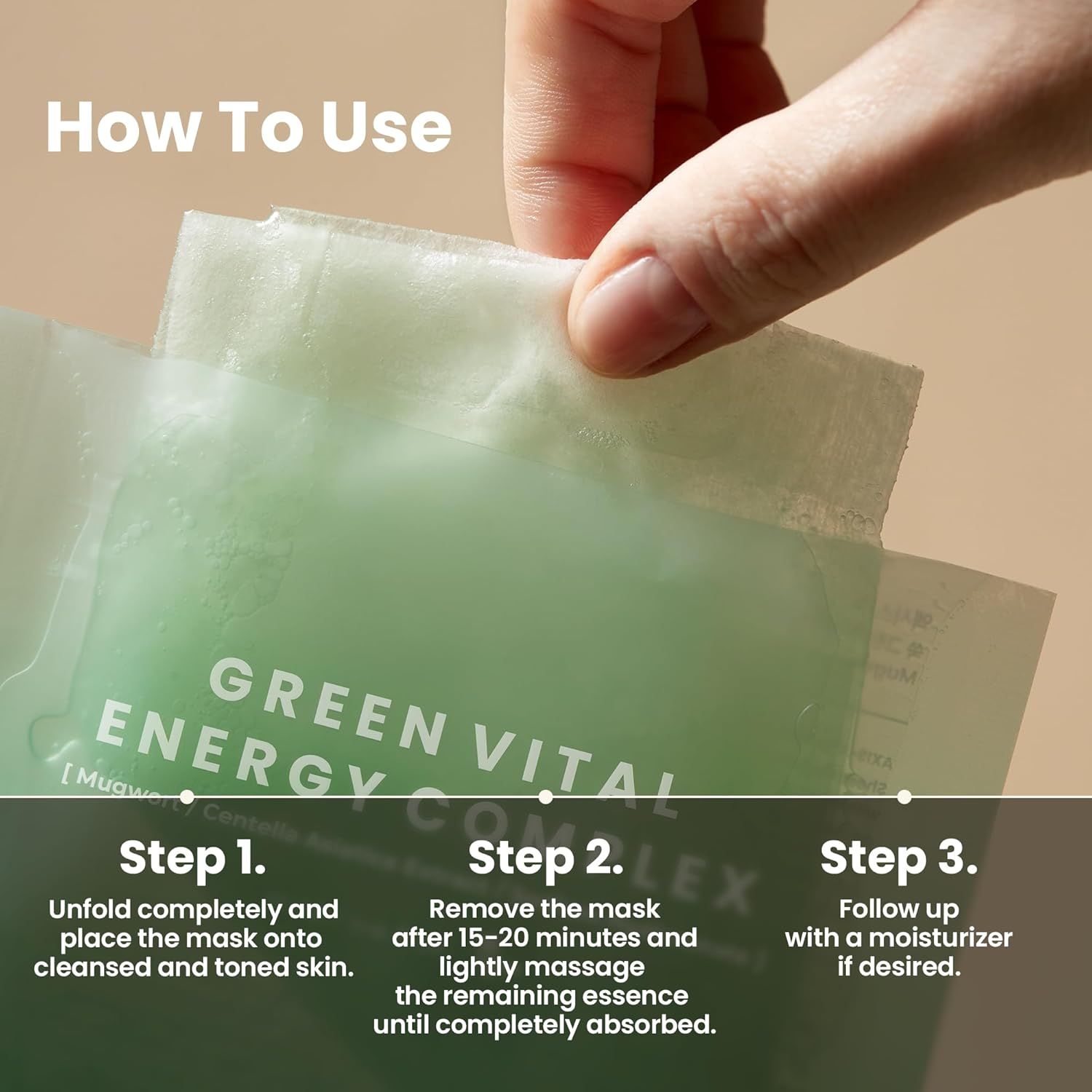 Anwendung: Maske entfalten, 15-20 Minuten einwirken lassen, überschüssige Essenz einmassieren. Hand.