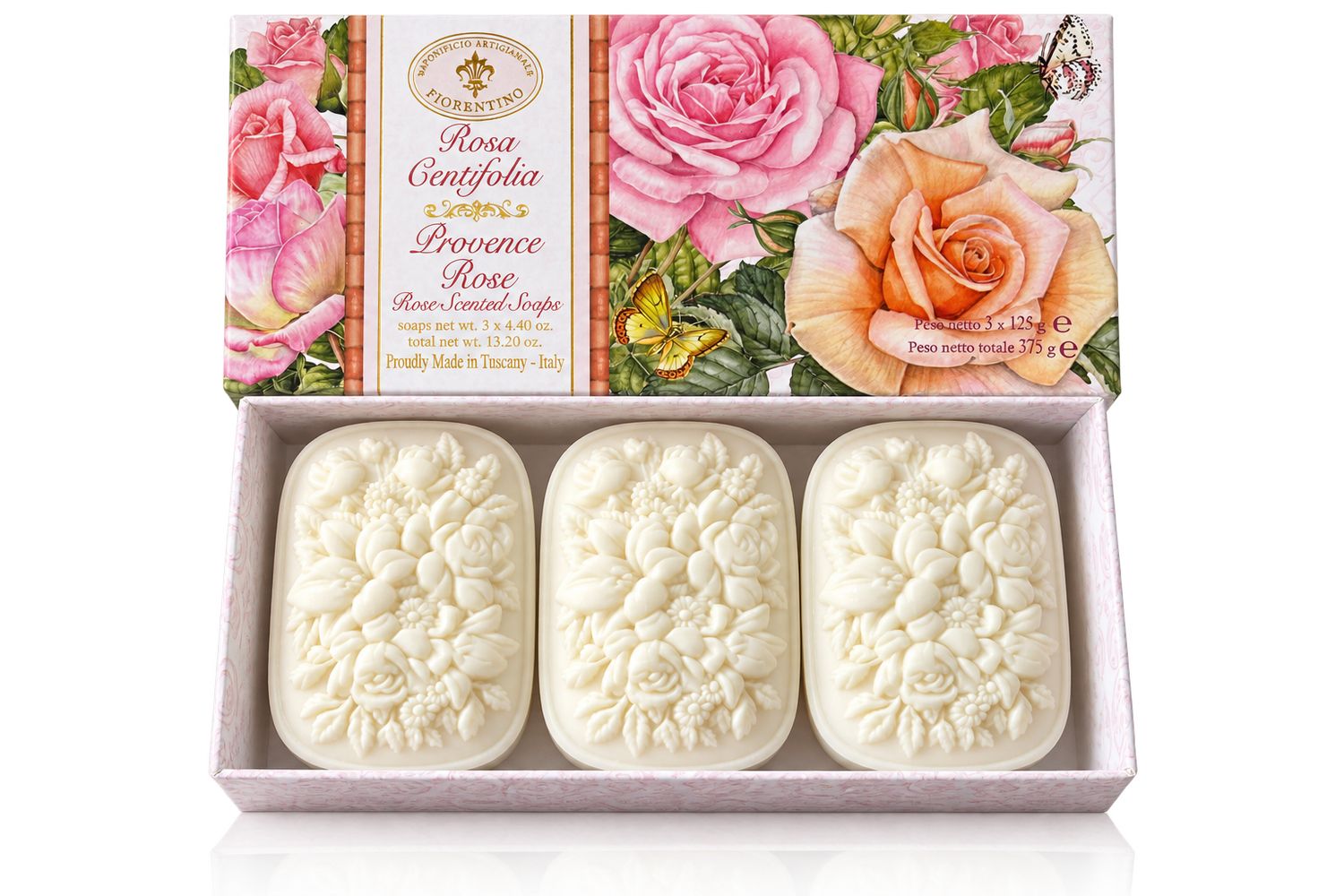 Saponificio Artigianale Fiorentino Provence Rose Geschenkset – Weiße Rosenseifen aus der Toskana 375 g