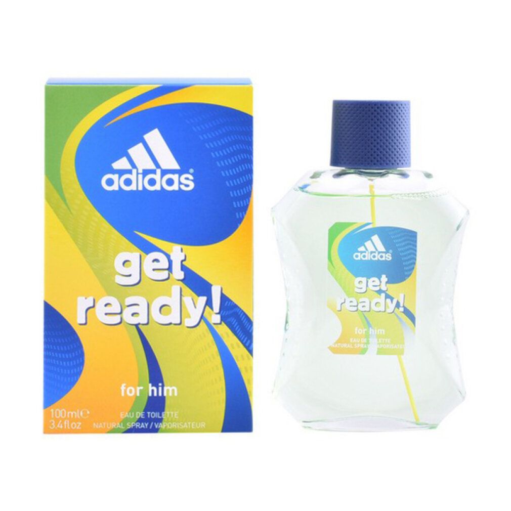Parfümflasche und Verpackung. Flasche und Verpackung mit Adidas-Logo und "get ready!" für Herren. Verpackung blau, gelb und grün.