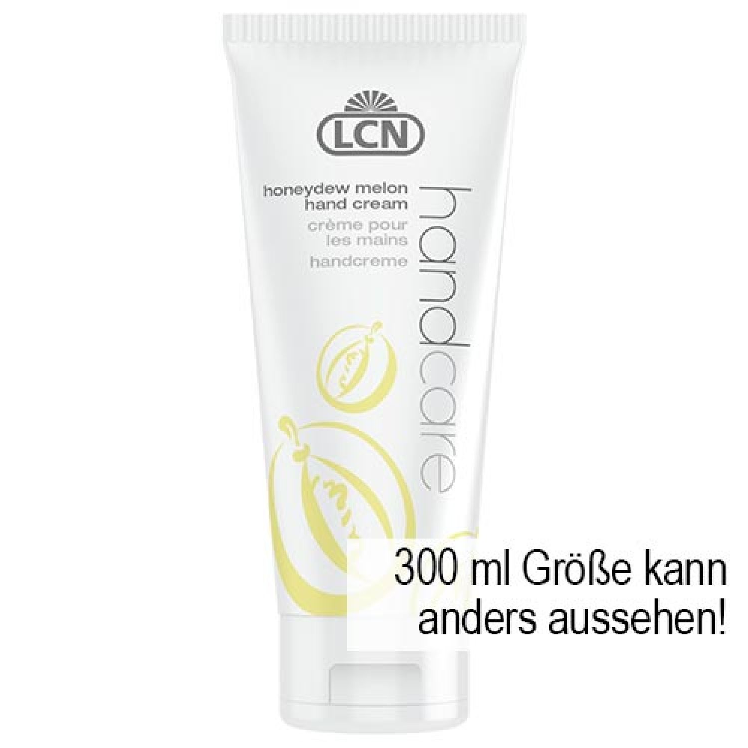 Creme-Tube mit LCN-Logo. Aufschrift: Hand Care, Honeydew Melon Hand Cream. 300 ml. Abbildung einer Melone.