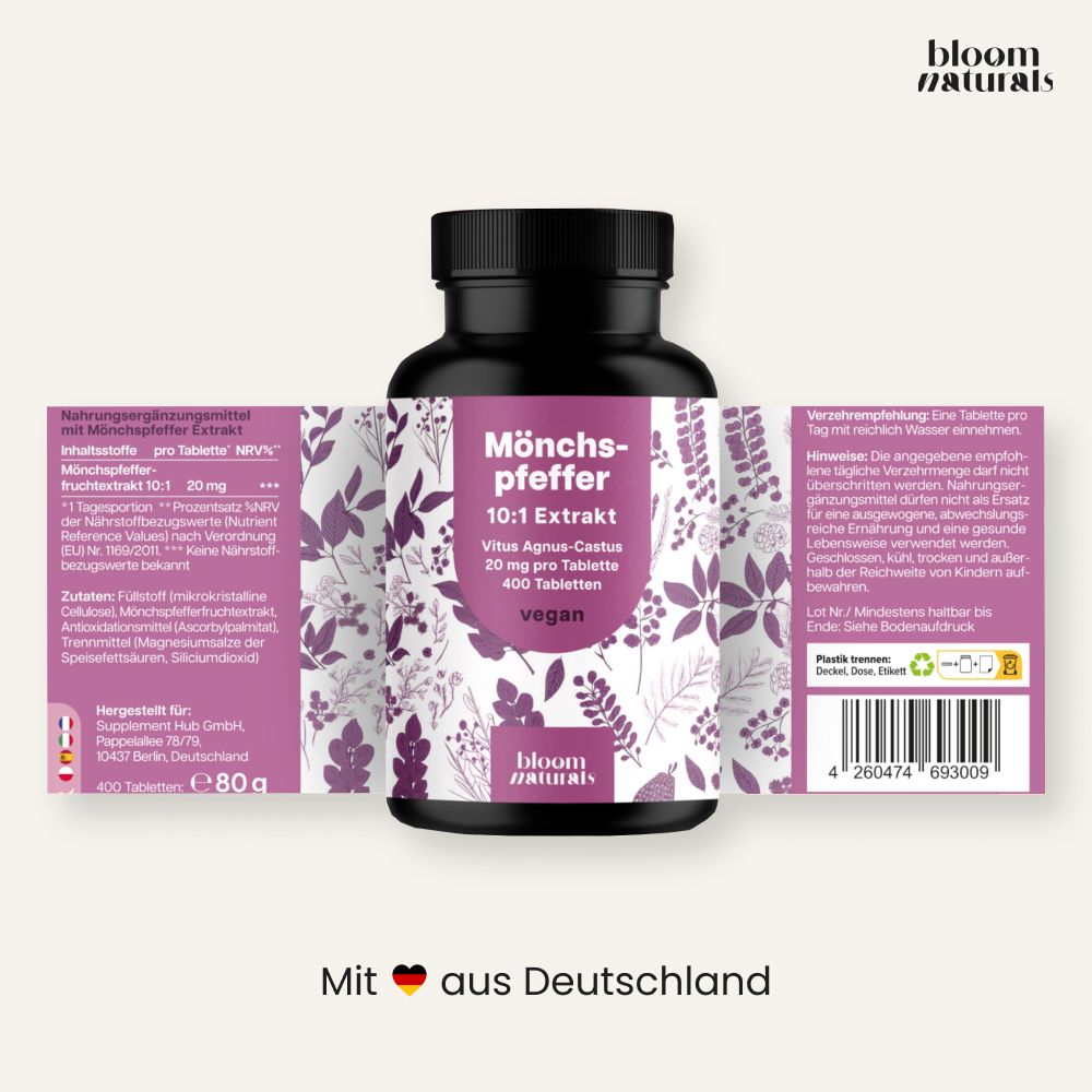 Flasche Mönchspfeffer Tabletten mit entfalteten Seitenetiketten und Barcode.