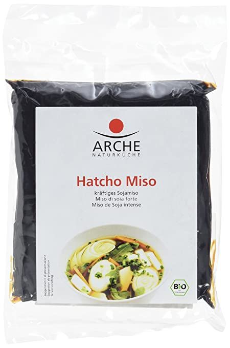 Arche Hatcho Miso Beutel mit Etikett, das eine Schüssel Miso-Suppe zeigt. BIO-Siegel.