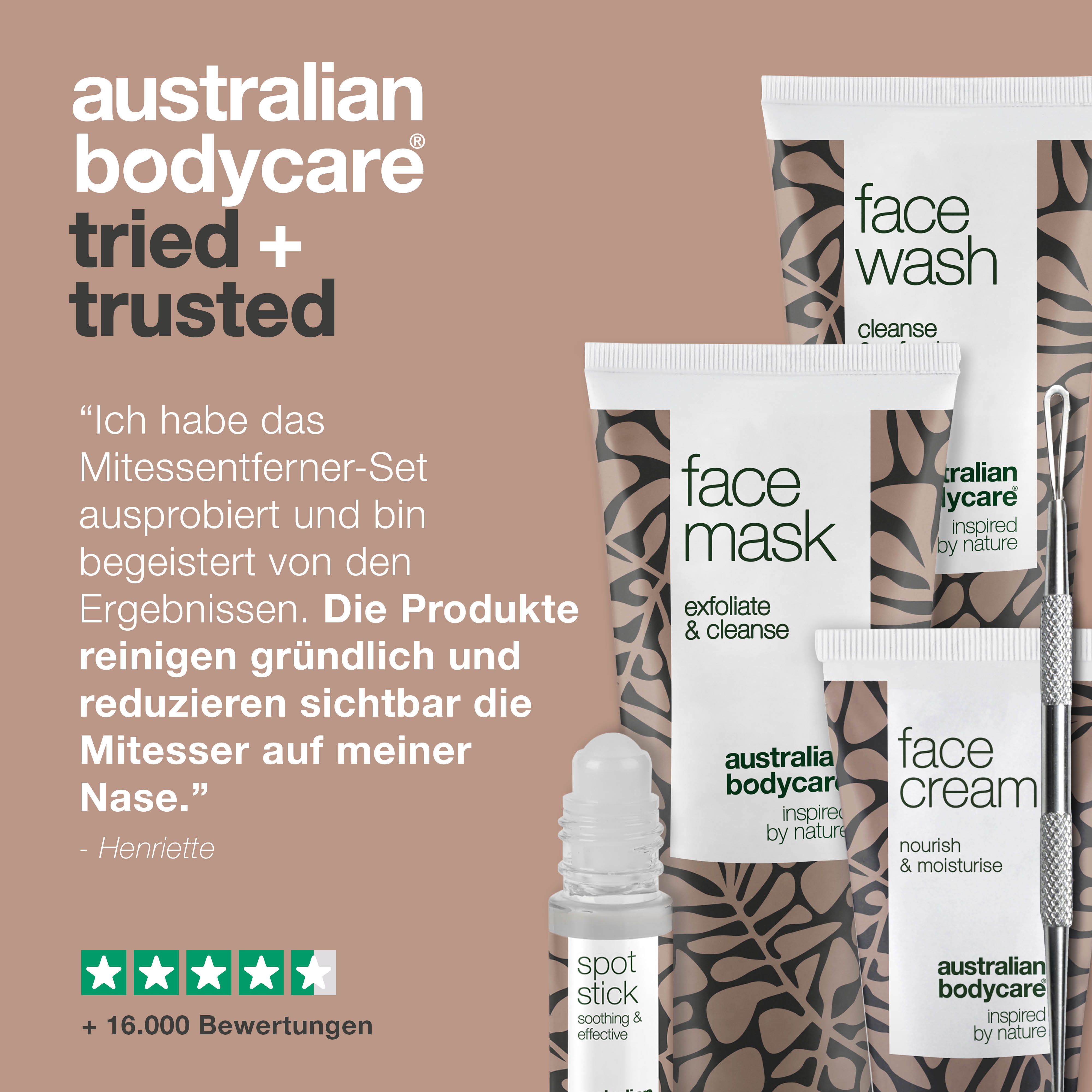 Australian Bodycare tried + trusted. Produkte: Gesichtsreinigung, Maske, Creme, Spot Stick und Werkzeug. Text.
