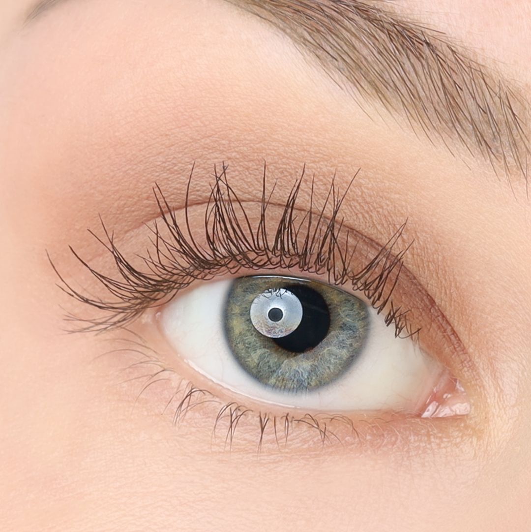 Auge mit Lidschatten. Graugrünes Auge mit langen Wimpern. Hautfarbener Lidschatten auf dem Augenlid.