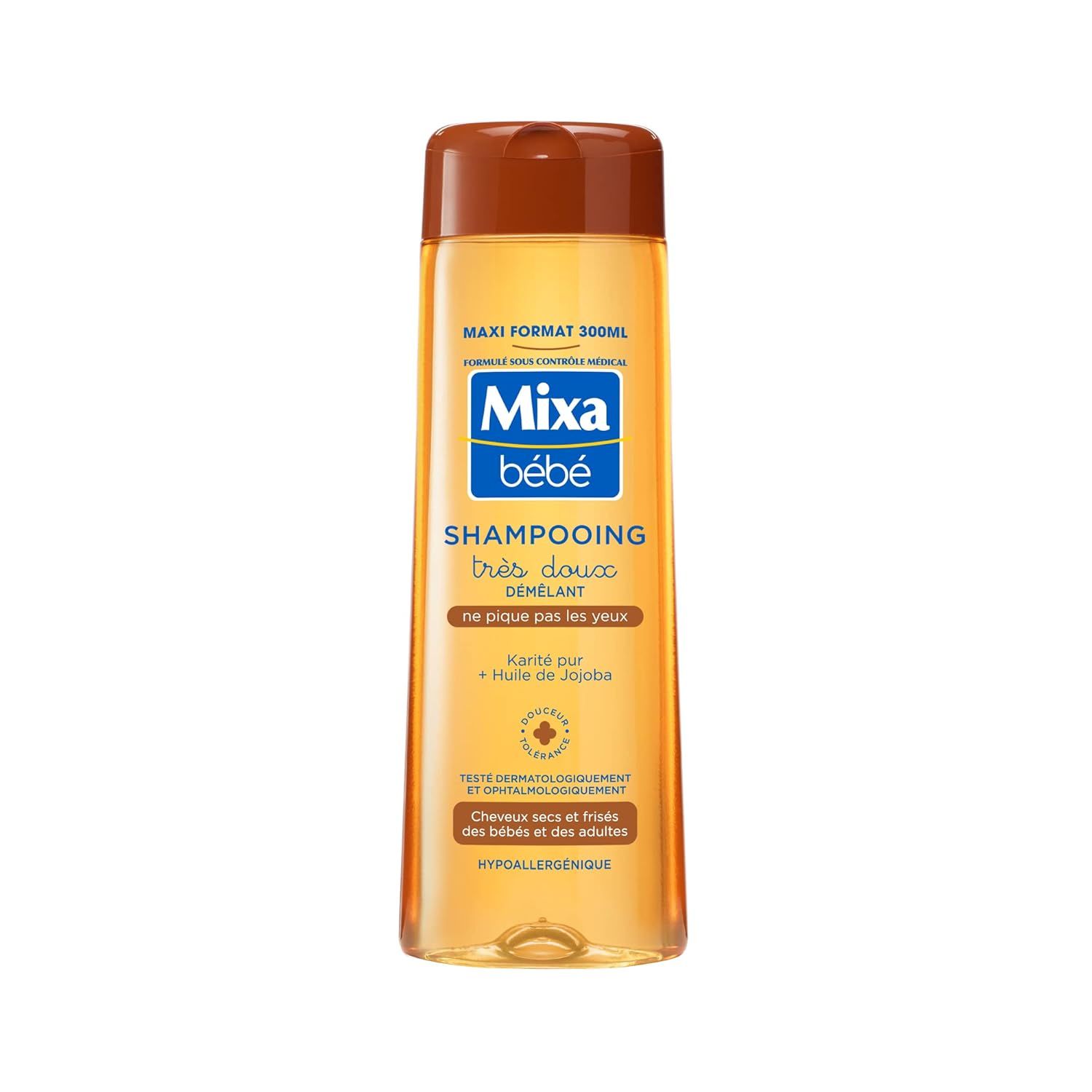 Mixa Bébé Shampoo. Flasche mit braunem Deckel. Aufschrift: Shampooing très doux, für trockene Haare von Babys und Erwachsenen.