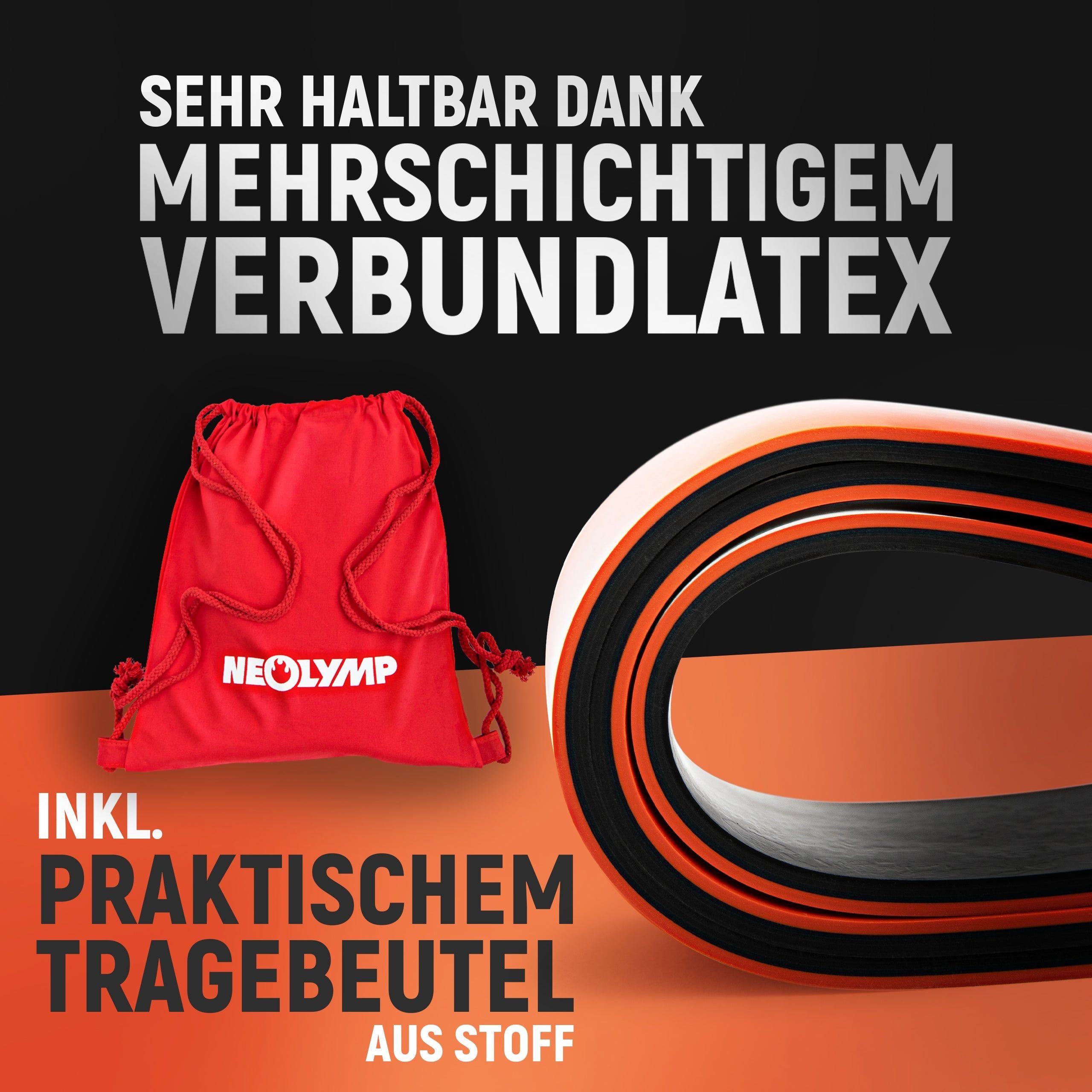 Orangefarbenes Widerstandsband, roter Beutel mit Logo. Text: PRAKTISCHEM TRAGEBEUTEL. Marke: NEOLYMP.