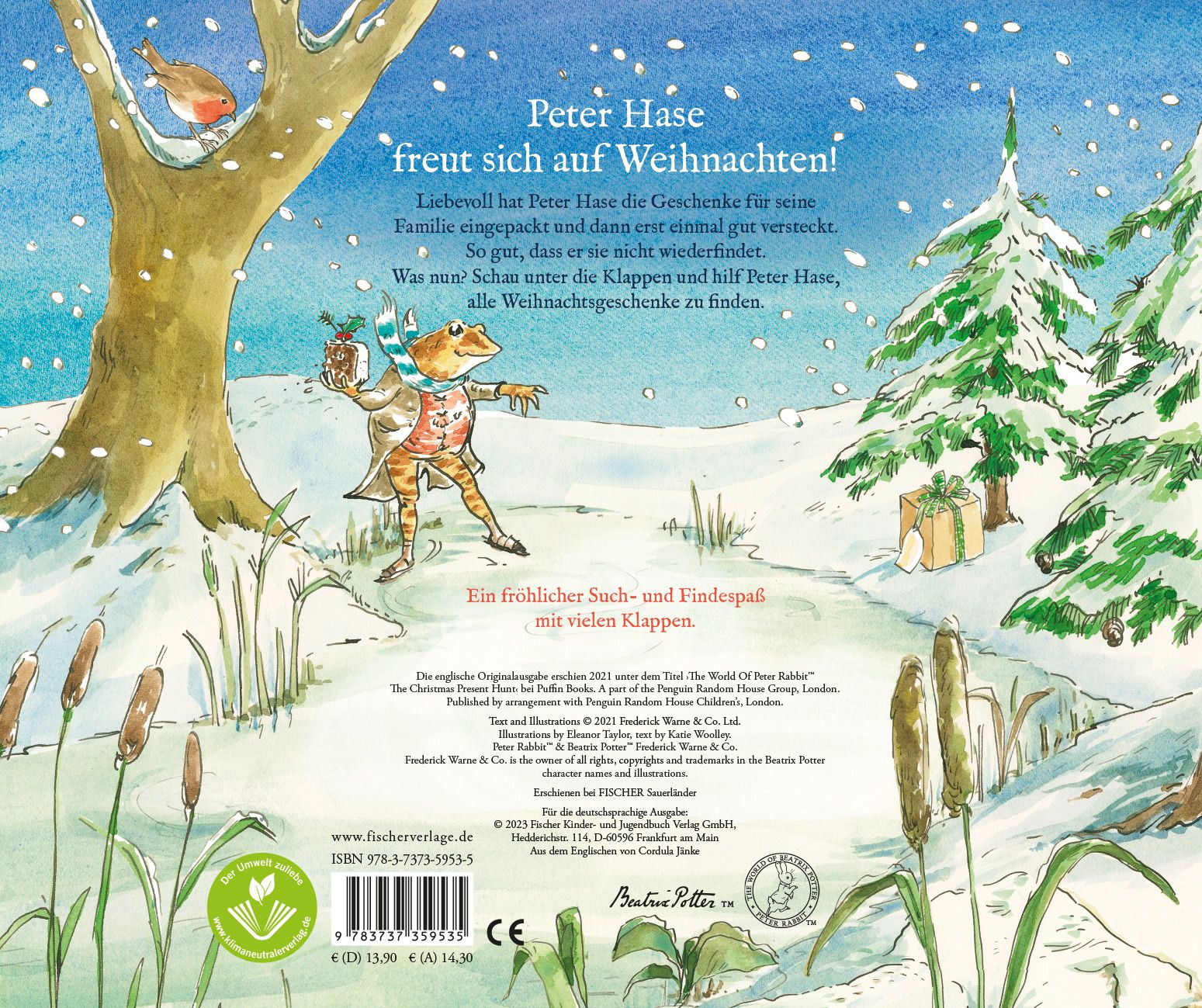 Rückseite des Buches Peter Hase. Text und Illustrationen mit Hase, Geschenken und Winterlandschaft.