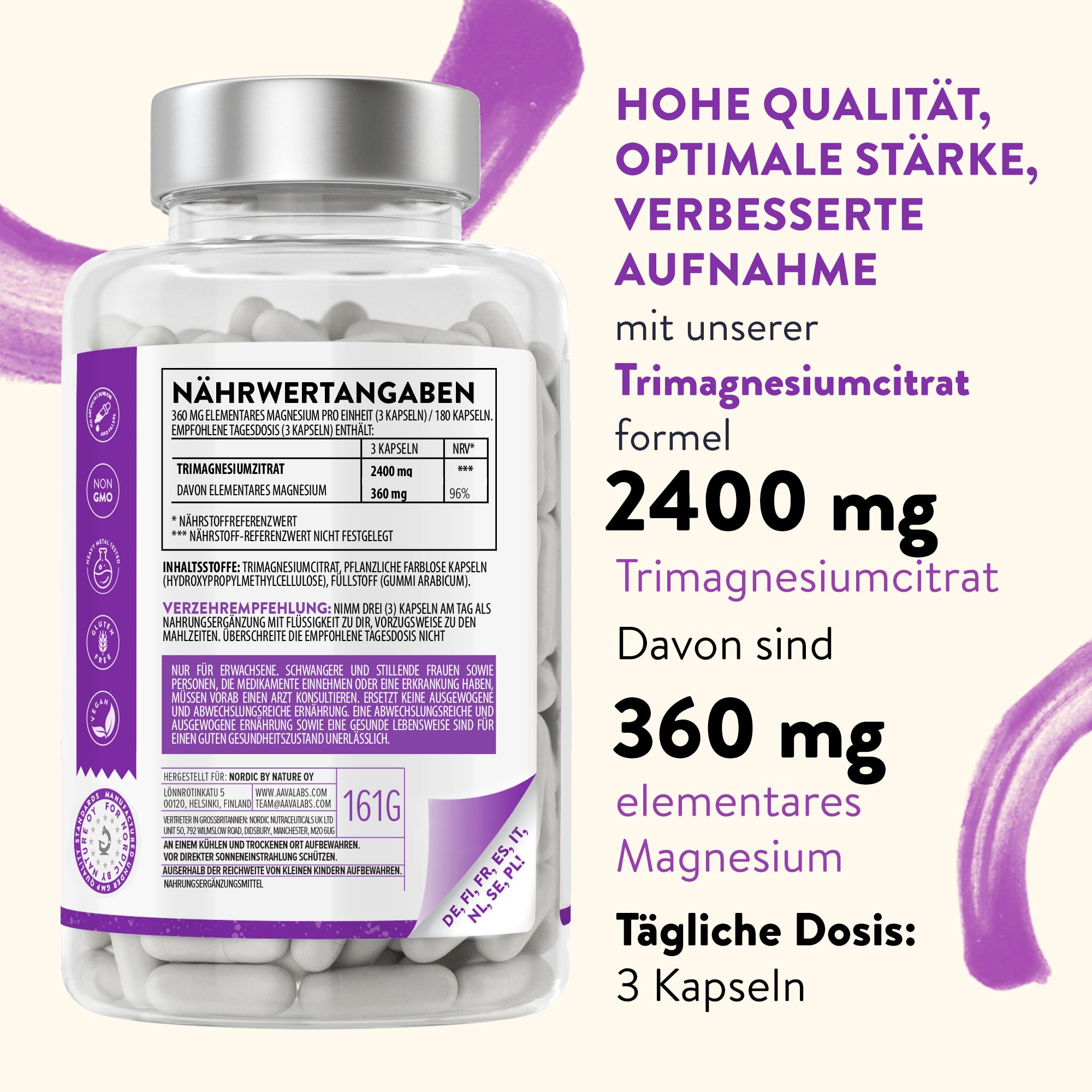 Flasche mit Magnesium Citrat Kapseln. Nährwertangaben und Dosierung sind sichtbar. 3 Kapseln pro Tag.