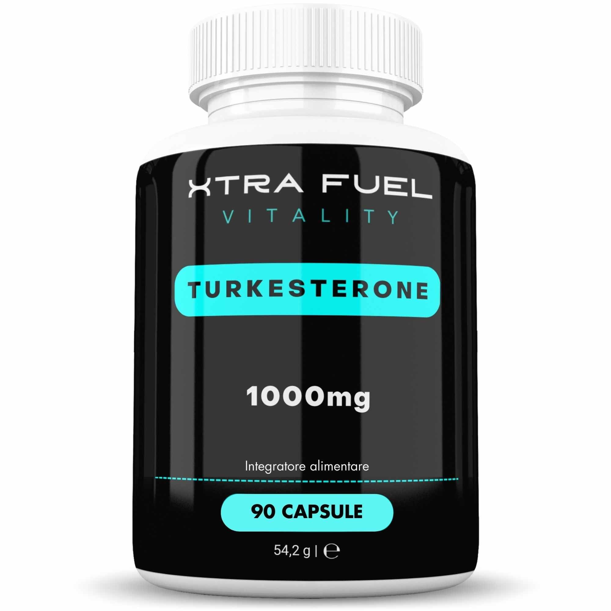 Schwarze Flasche mit weißen Deckel. Aufschrift: XTRA FUEL, TURKESTERONE, 1000mg, 90 Kapseln. Italienische Beschriftung.
