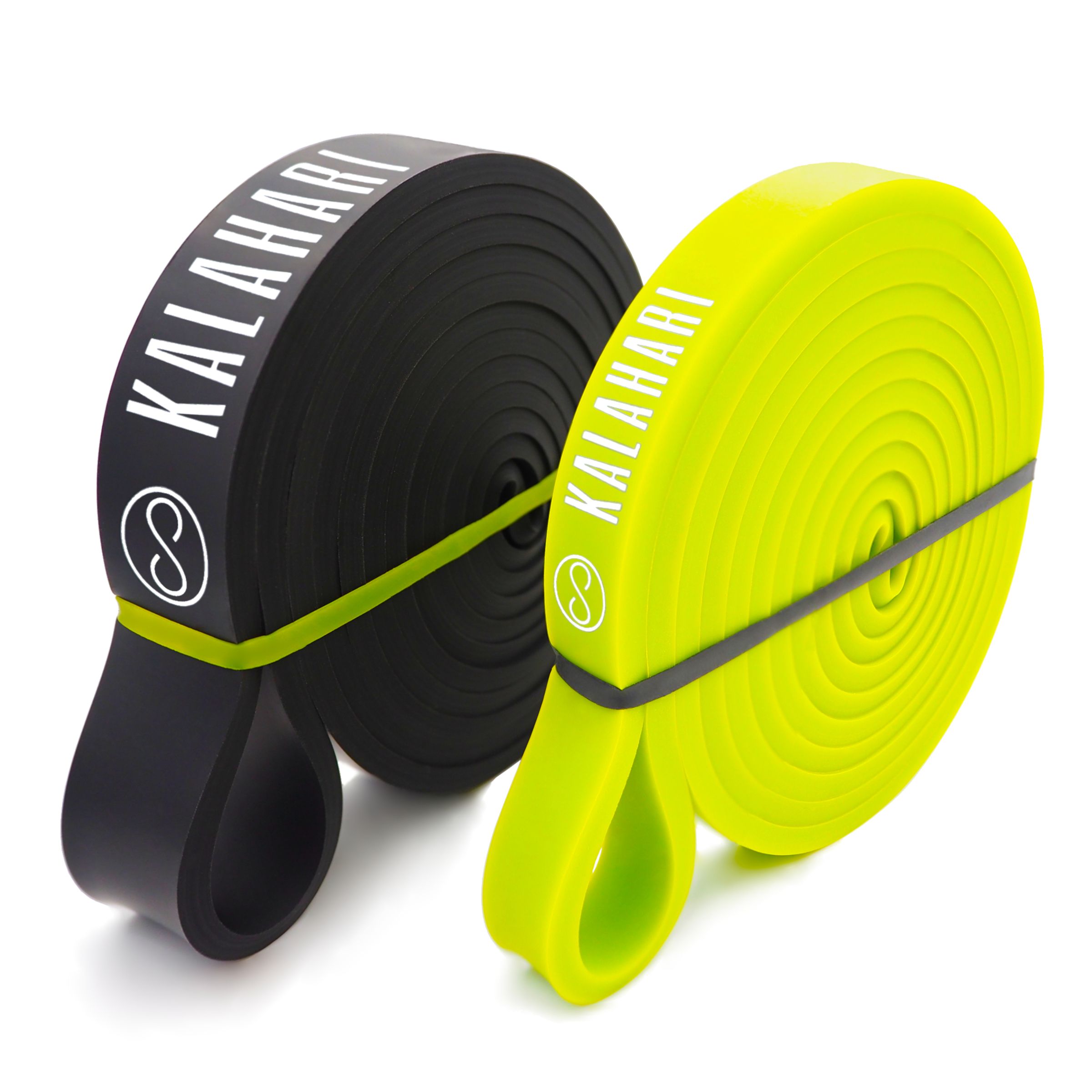 Zwei Fitness-Widerstandsbänder, schwarz und neongrün, mit "KALAHARI"-Logo.