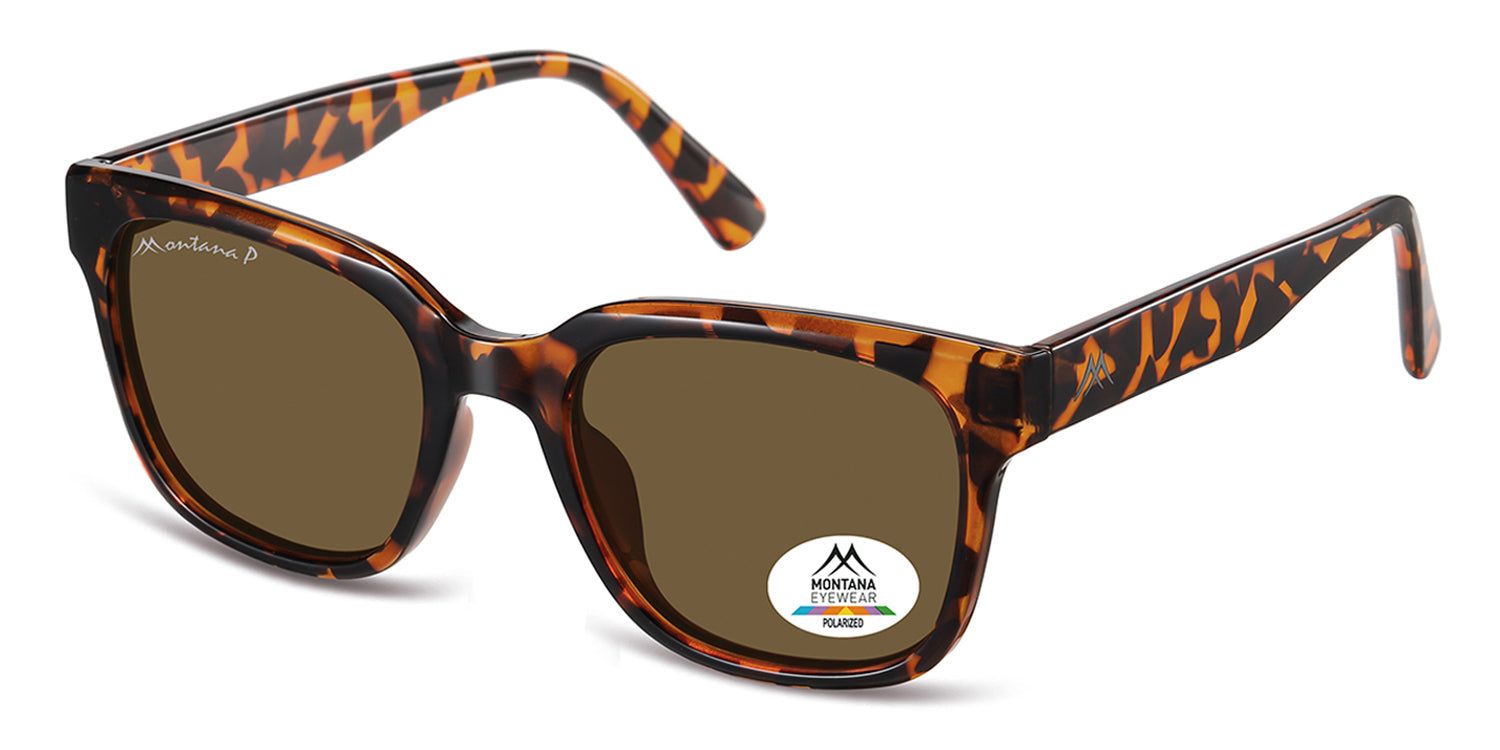 Sonnenbrille mit braunen Gläsern und Schildpatt-Muster. Montana Eyewear Logo und polarisiertes-Label.