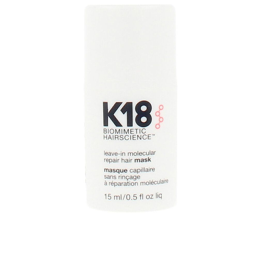 Weiße Flasche mit K18-Logo und Produktbezeichnung. 15 ml/0,5 fl oz. Leave-in Molecular Repair Hair Mask.