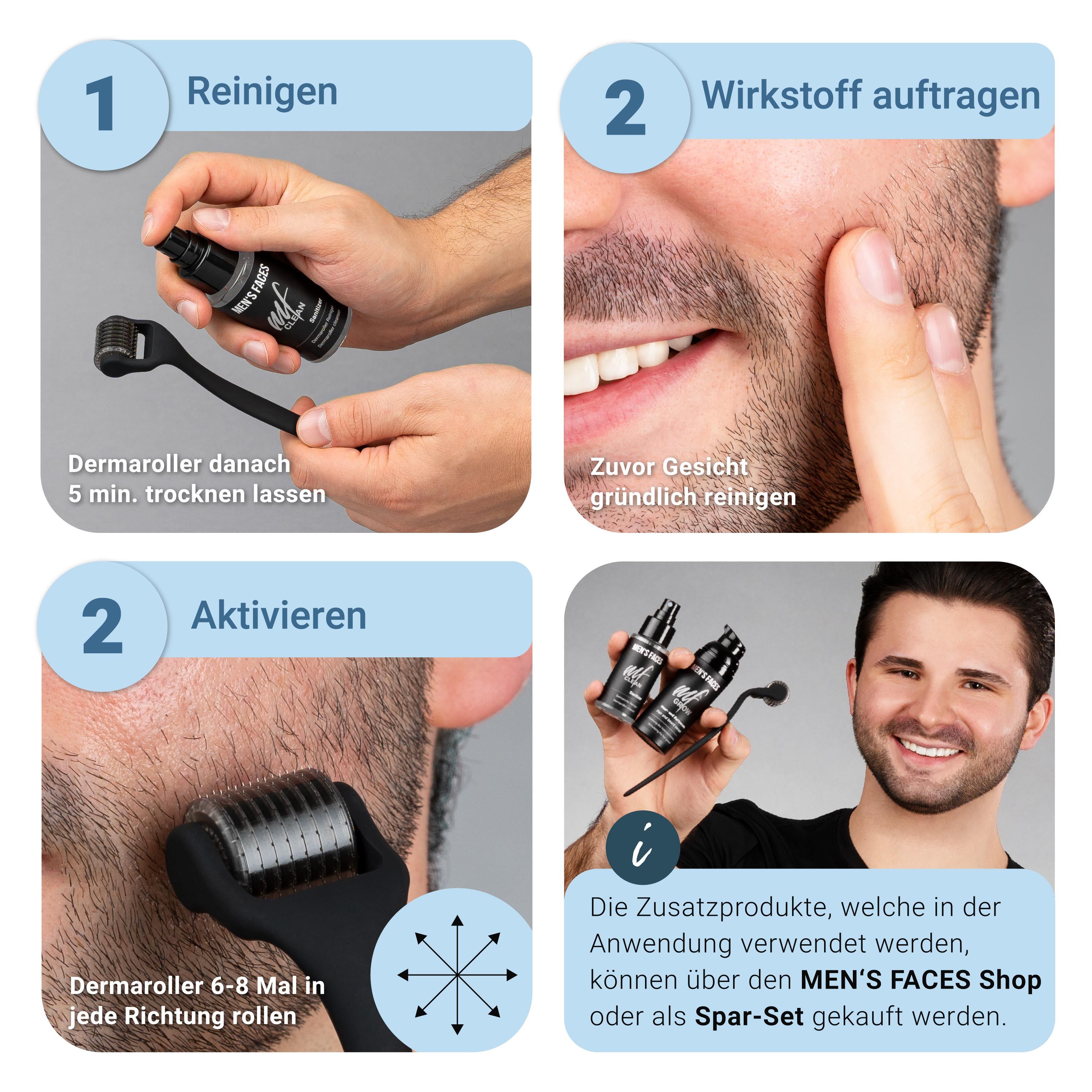 Anleitung zur Anwendung des Bartrollers. Reinigen, Wirkstoff auftragen, aktivieren. Zusätzliche Produkte im MEN'S FACES Shop erhältlich.