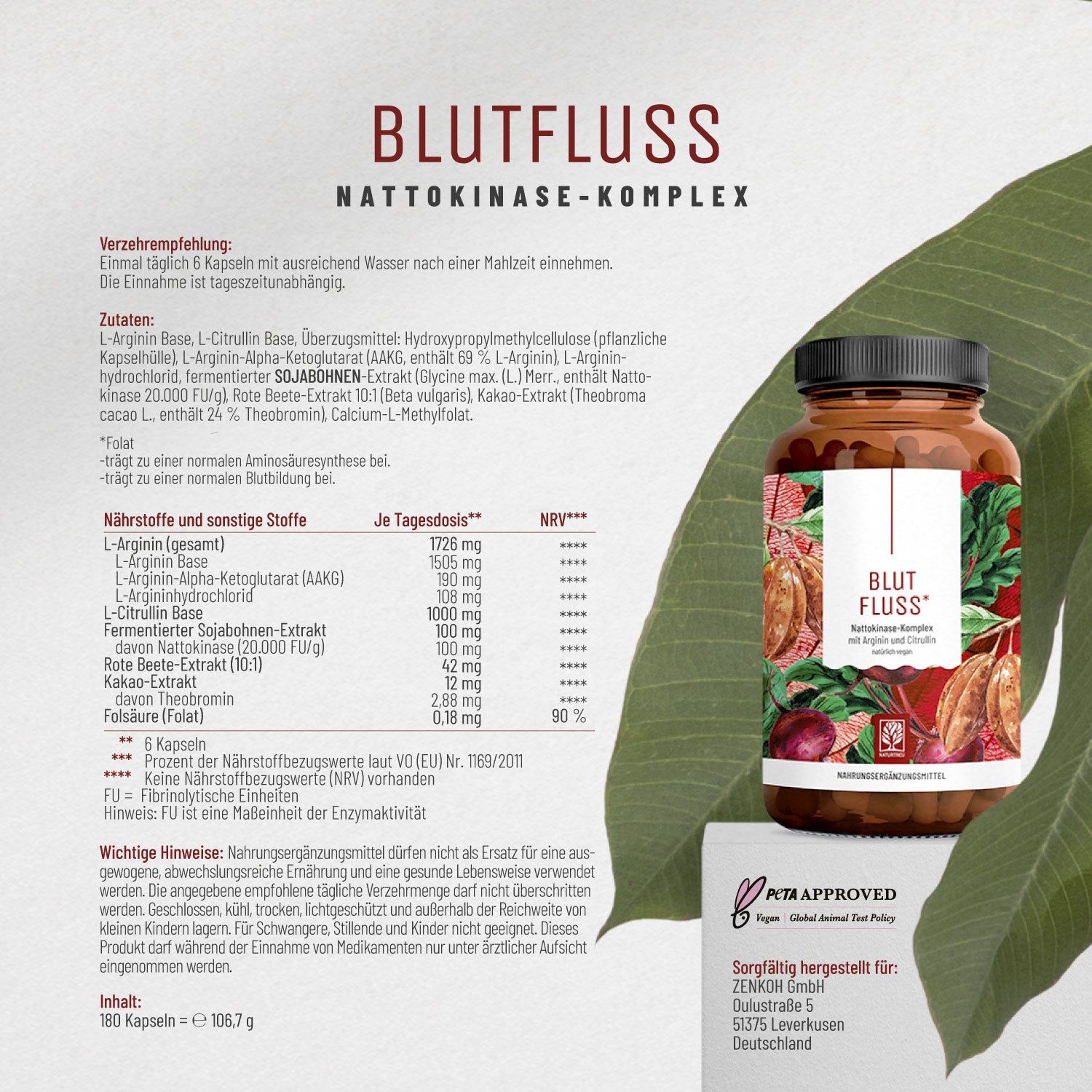 BLUTFLUSS Nattokinase-Komplex mit Arginin und Citrullin- NATURTREU®