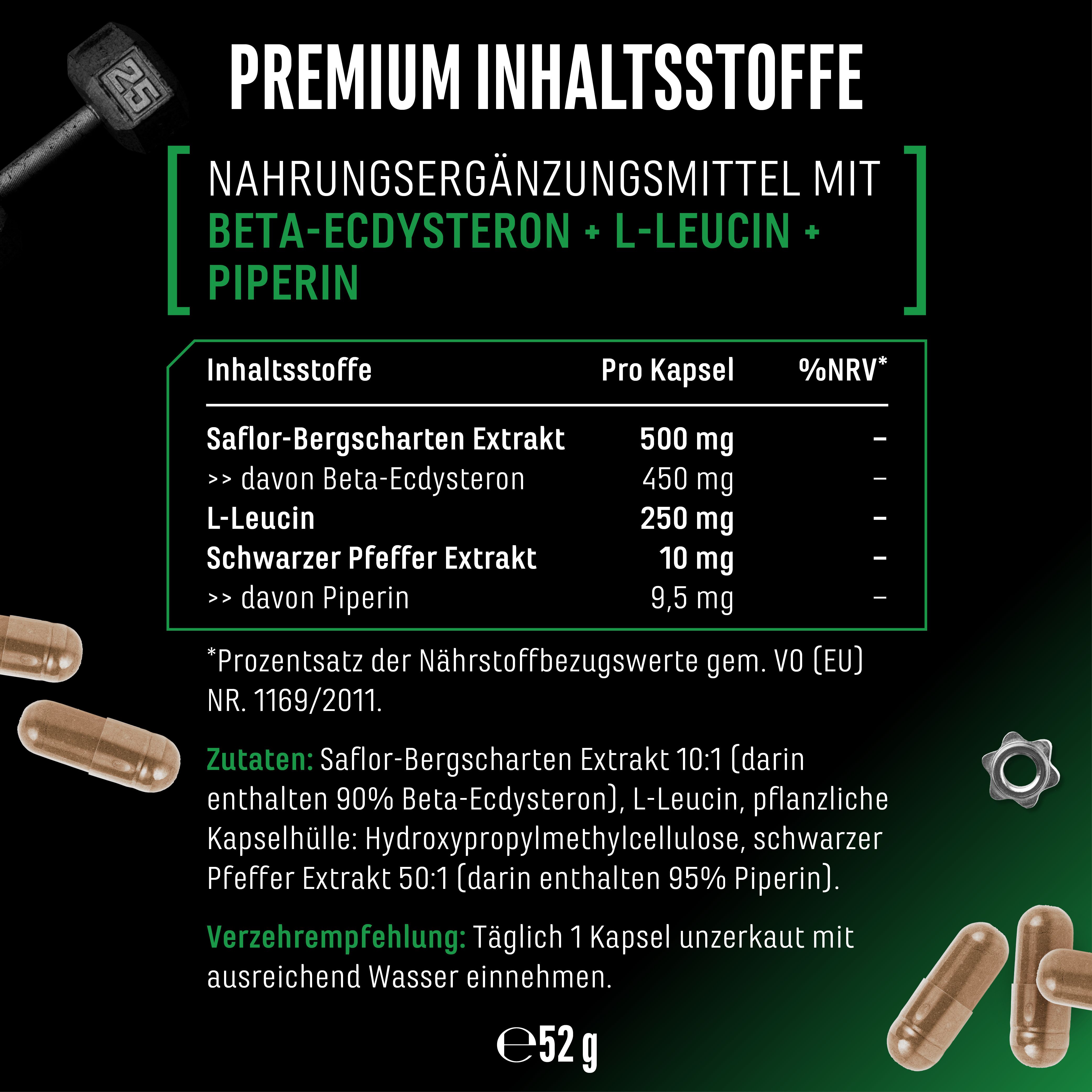Detailansicht der Inhaltsstoffe von Ecdysteron. Enthält Angaben zu den Inhaltsstoffen pro Kapsel und Nährwertangaben.