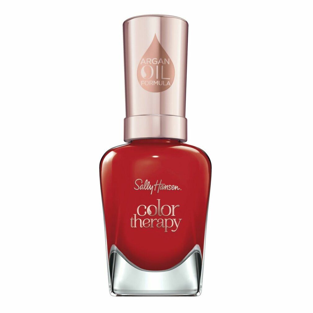 Roter Nagellackflakon. Aufschrift: Sally Hansen Color Therapy. Deckel mit Arganöl-Formel. Farbton: 340-Red-Iance.