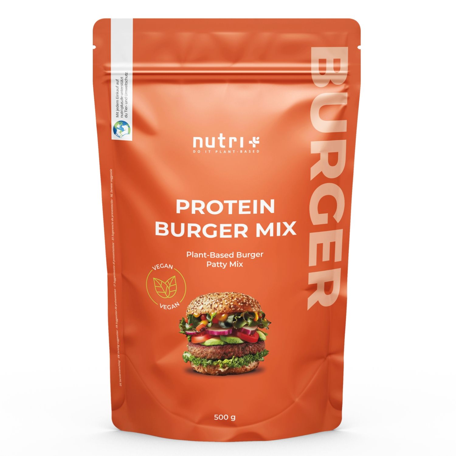 Orangefarbene Verpackung mit Produktnamen und Burger-Abbildung. Vegan-Logo und 500g-Angabe.