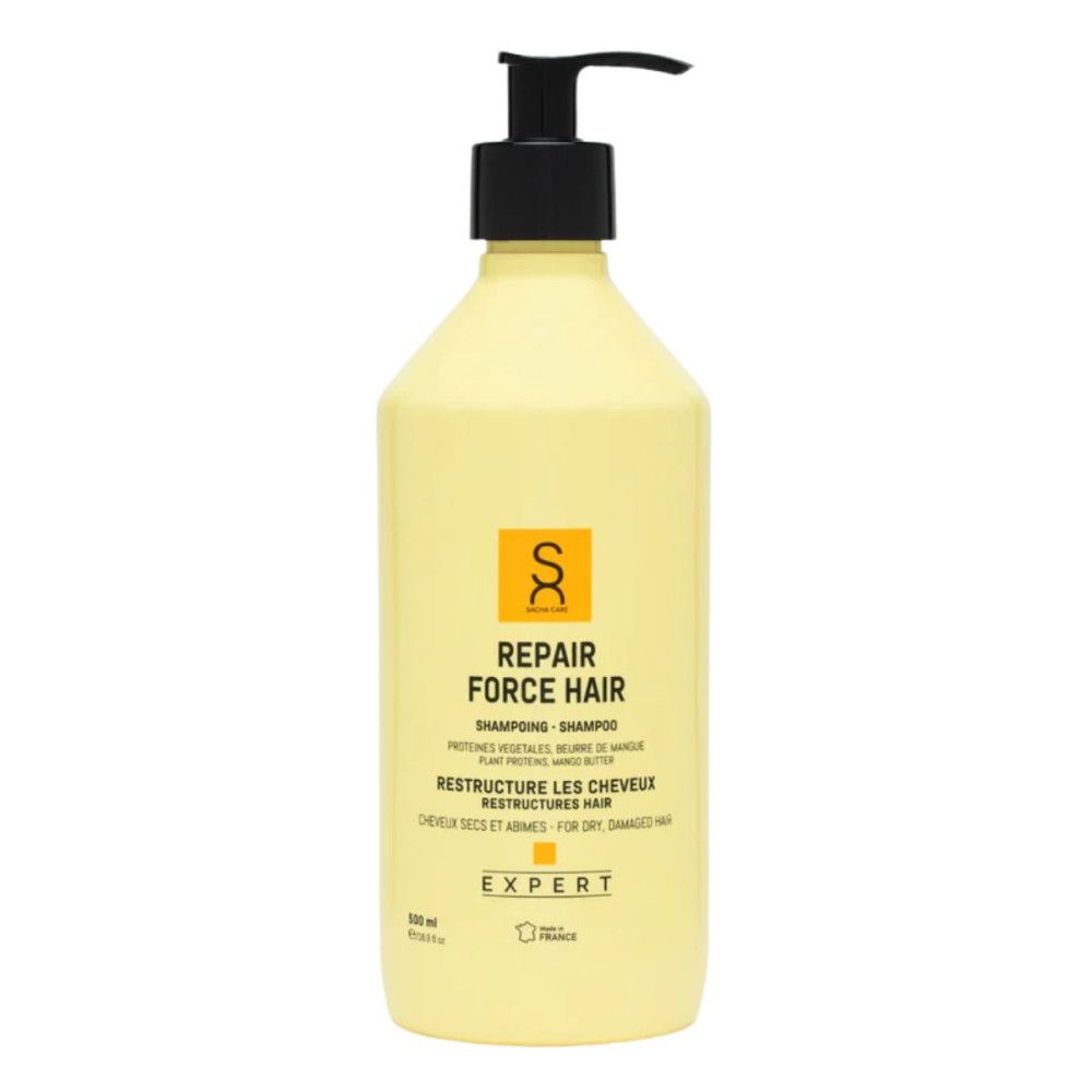 Gelbe Flasche mit schwarzem Pumpkopf. Aufschrift: Repair Force Hair, Shampoo. Für trockenes, strapaziertes Haar. Expert.