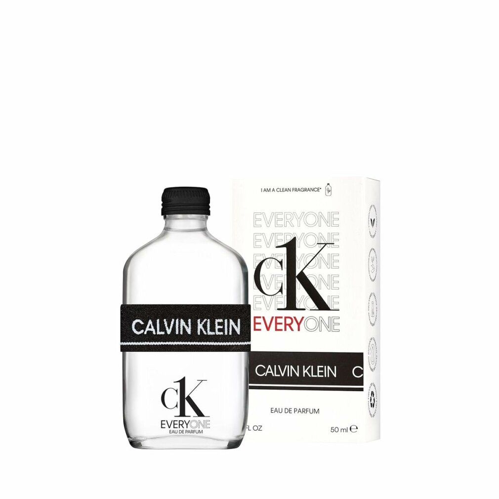 Flakon und Verpackung. Flakon mit schwarzem Verschluss und schwarzem Band mit weißem CALVIN KLEIN Schriftzug. Verpackung mit ck EVERYONE.