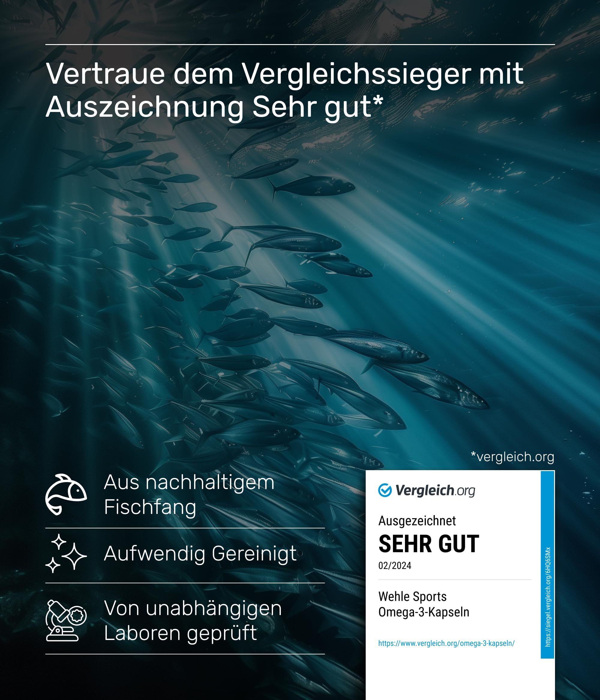 Unterwasser-Szene mit Fischschwarm. Text: "Aus nachhaltigem Fischfang", "Aufwendig Gereinigt", "Von unabhängigen Laboren geprüft".