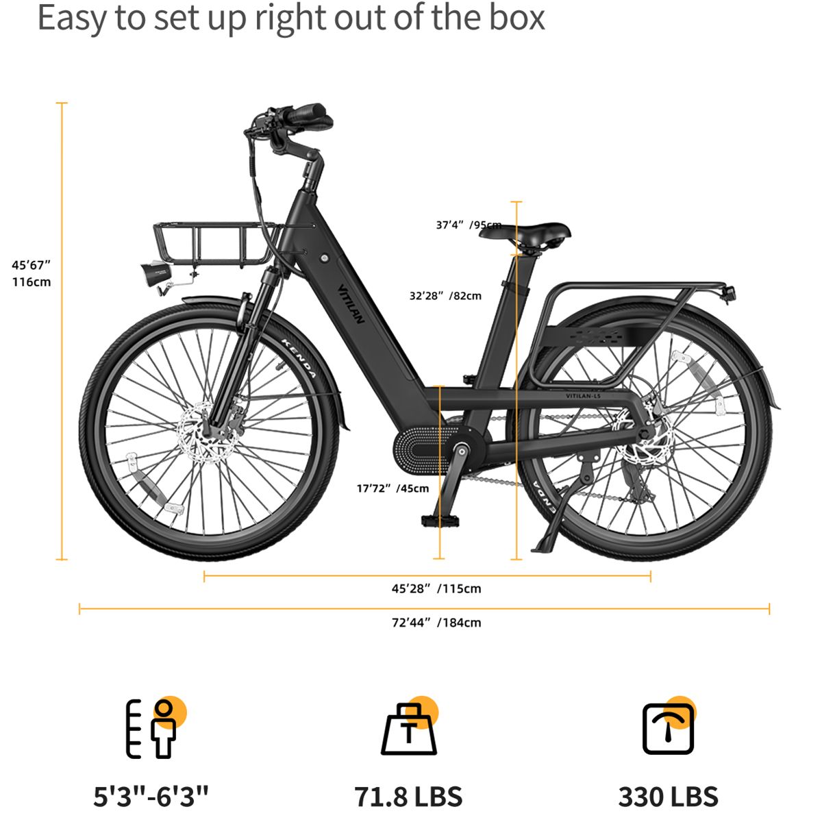 E-Bike mit Maßangaben. Abmessungen und Gewichtsangaben sind auf dem Bild dargestellt.
