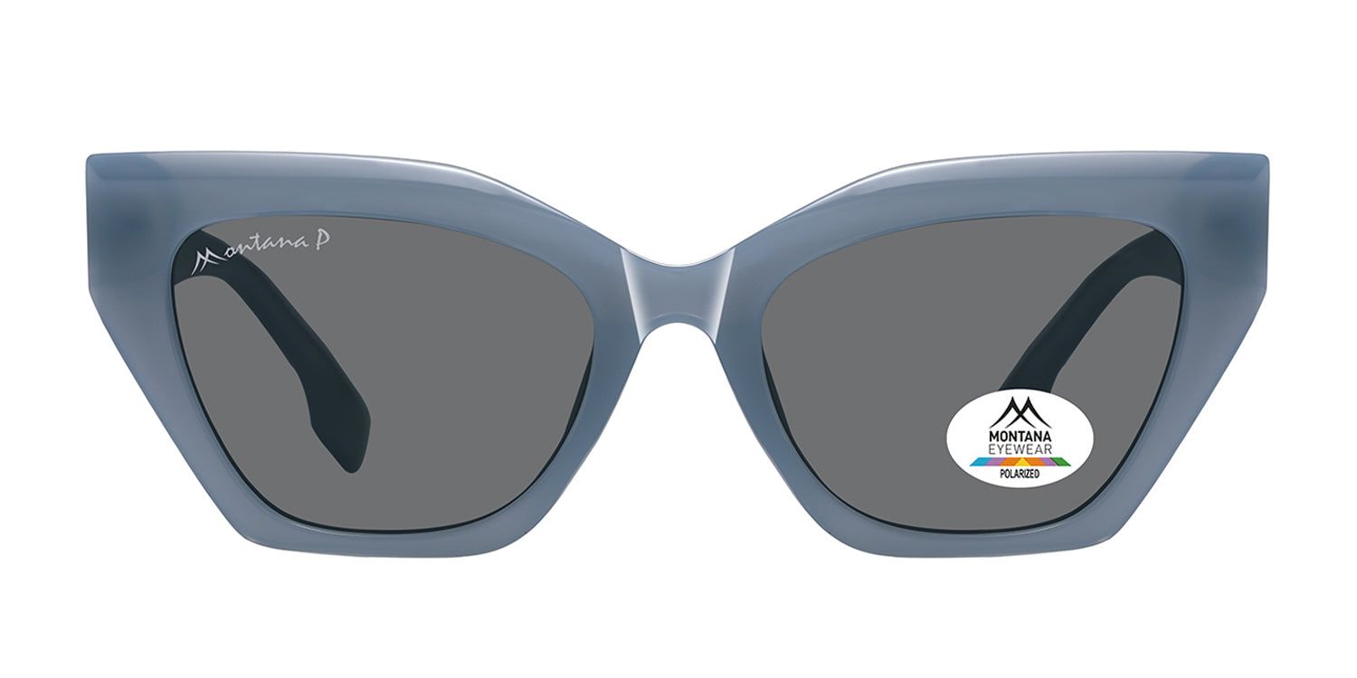 Blaue Sonnenbrille mit dunklen Gläsern. Montana Eyewear Logo auf dem Glas und Bügel. Poliertes Glas. Kat-Eye-Form.