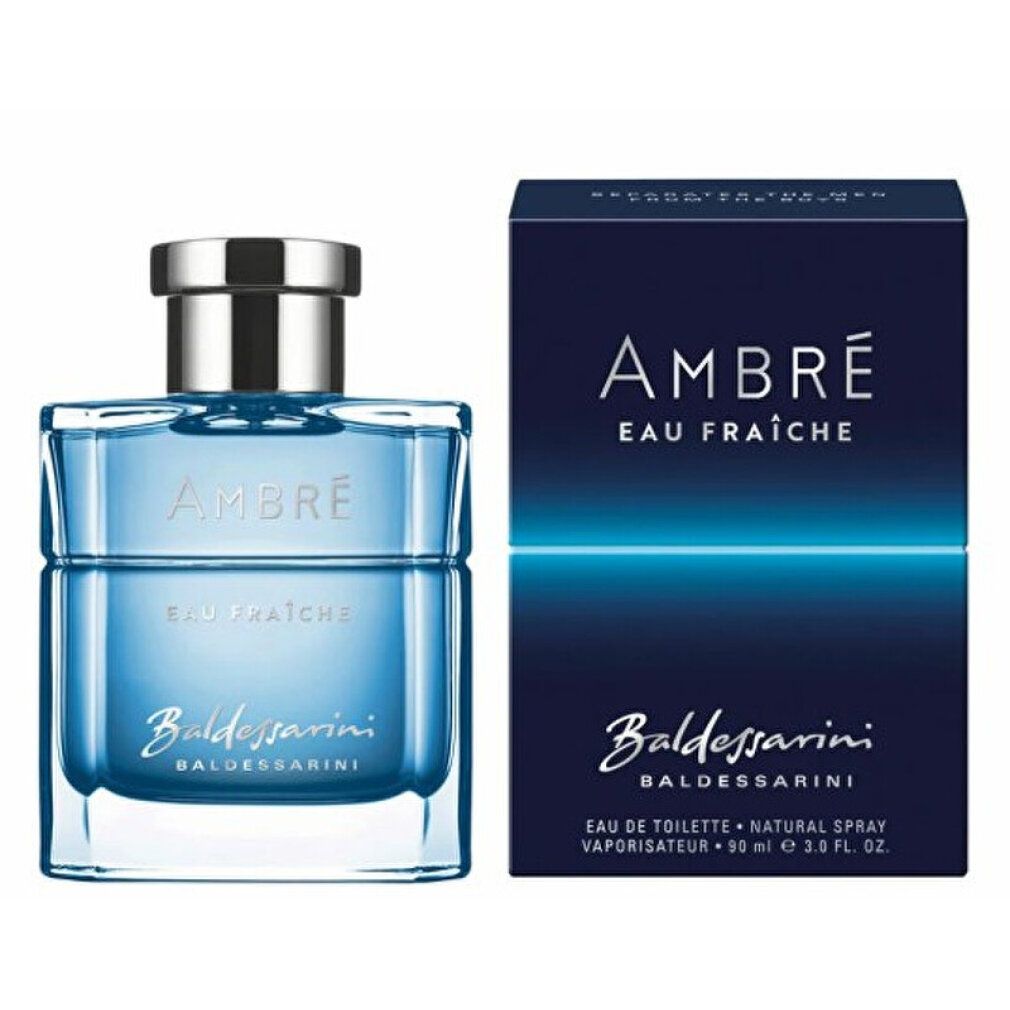Flakon und Verpackung. Flakon mit blauer Flüssigkeit. Verpackung dunkelblau. Aufschrift: AMBRE, EAU FRAÎCHE, Baldessarini.