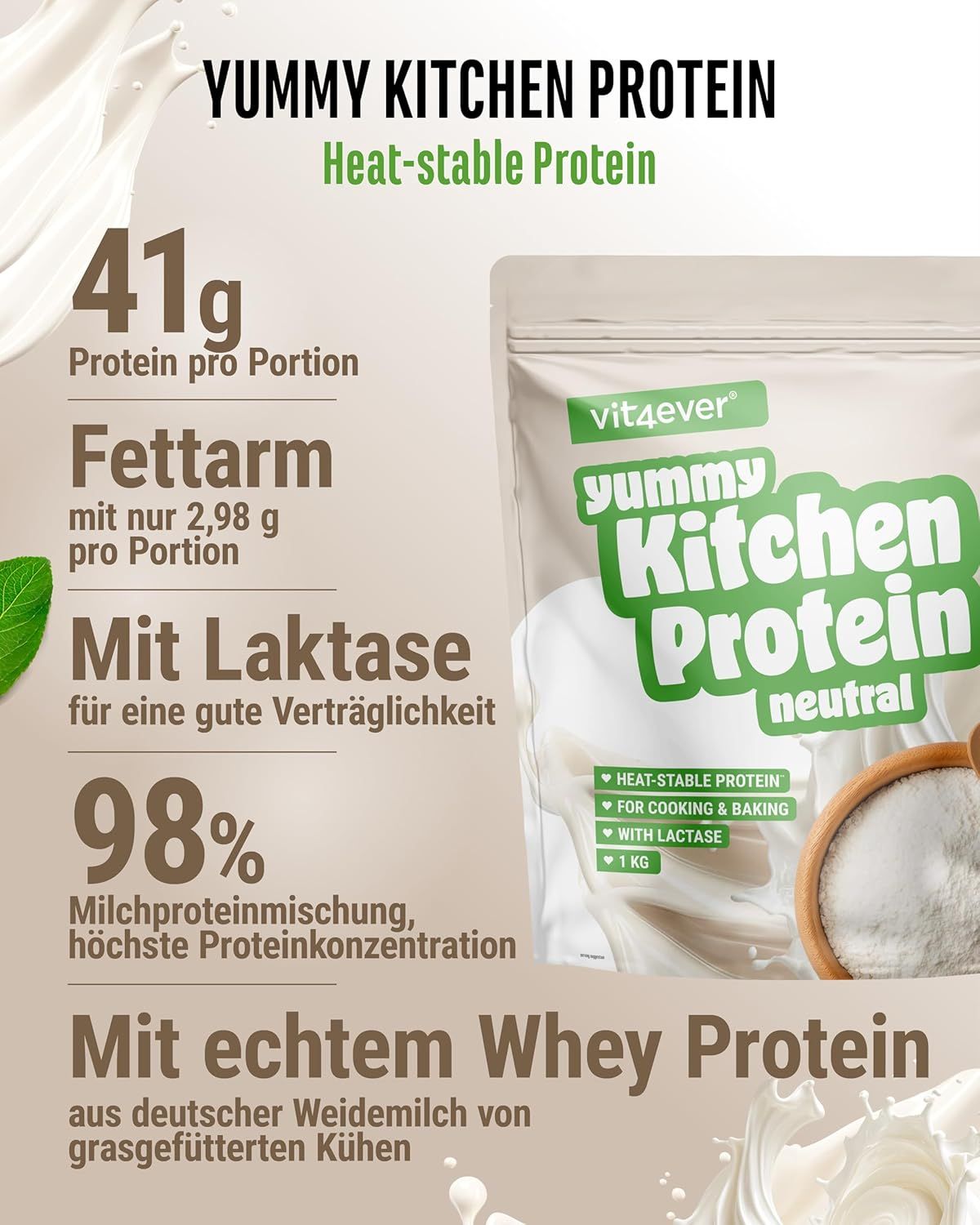 Beutel mit "Yummy Kitchen Protein neutral". Enthält 41g Protein pro Portion, fettarm, mit Laktase und 98% Milchproteinmischung.