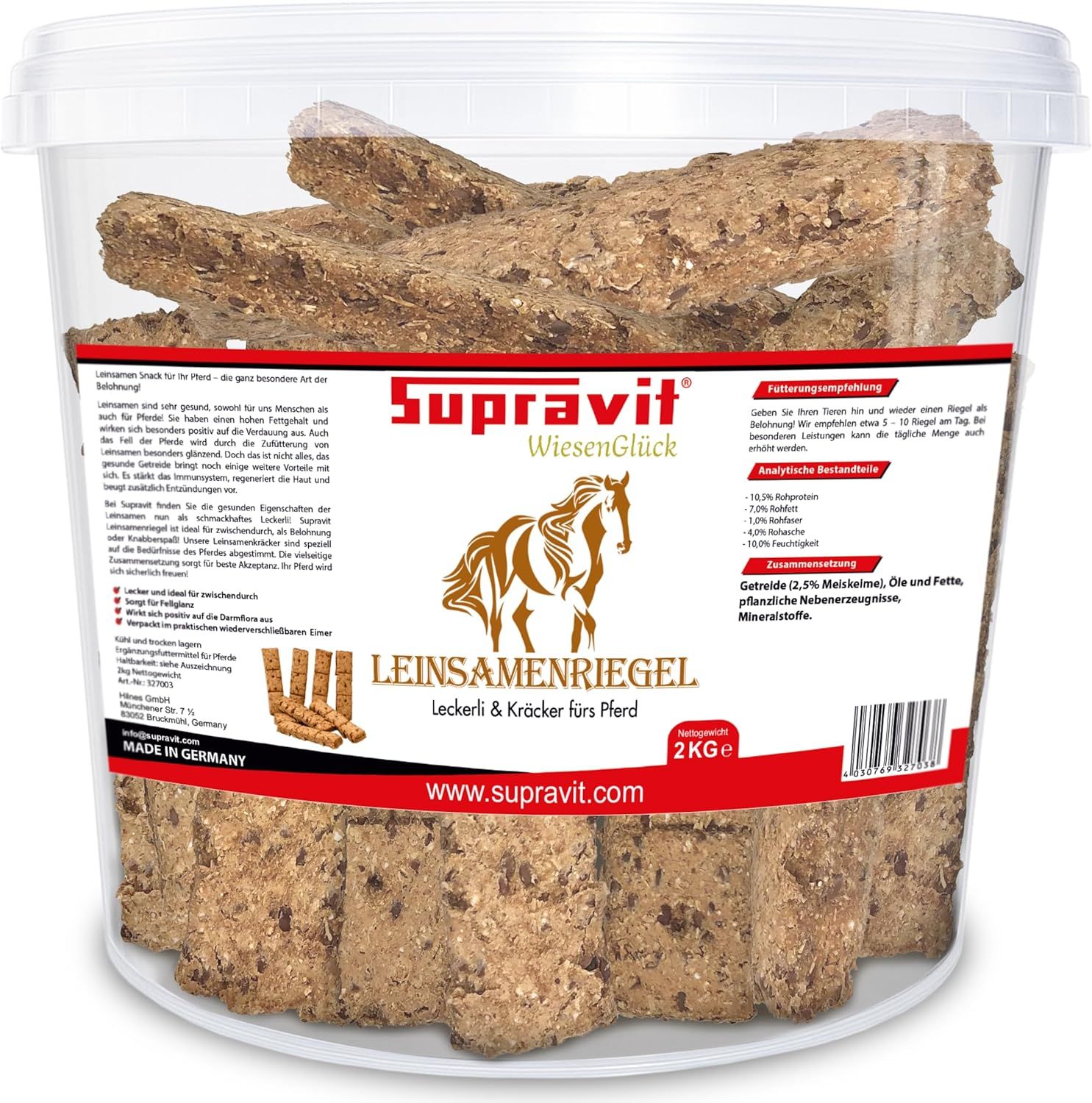 Transparenter Eimer mit Leckerlis. Aufschrift 'Supravit WiesenGlück Leinsamenriegel'. 2kg Packung.