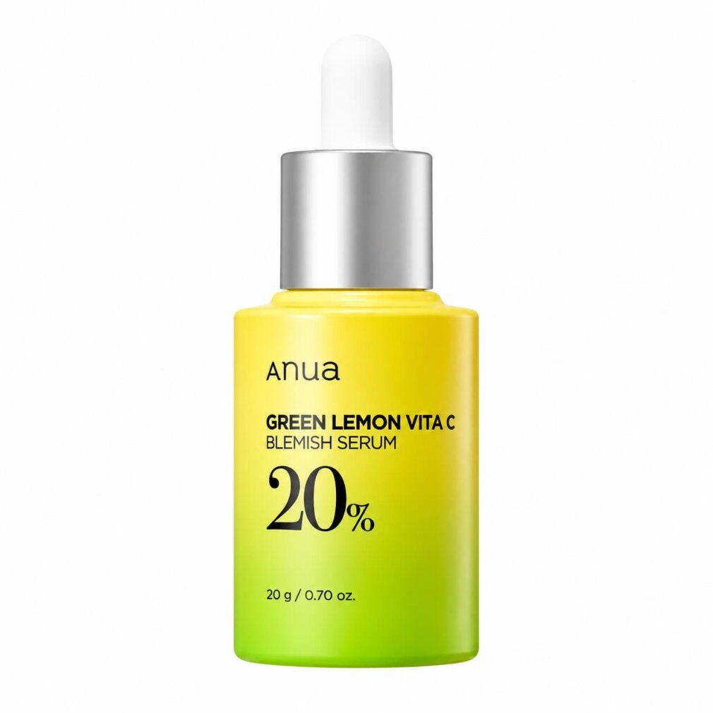 Anua Green Lemon Vita C Blemish Serum Flasche mit Pipettenverschluss. Gelb-grüner Farbverlauf, 20% aufgedruckt.