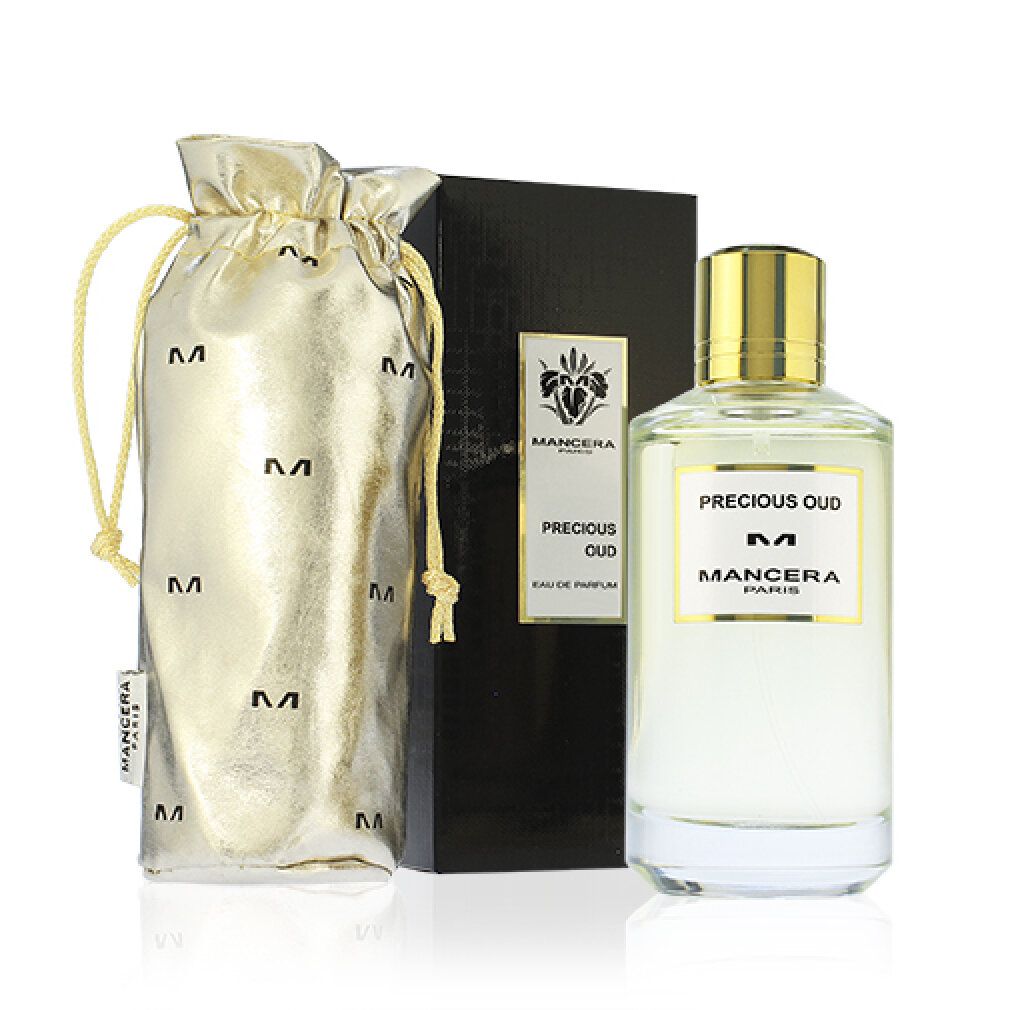 Mancera Precious Oud Eau de Parfum Spray-Flasche mit goldener Tasche und schwarzer Verpackung. Das Logo und der Produktname sind sichtbar.