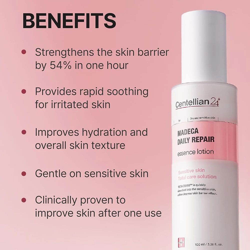 Text mit Aufzählungspunkten. Vorteile: Stärkt die Hautbarriere, beruhigt gereizte Haut, verbessert die Hydratation, sanft zur empfindlichen Haut.