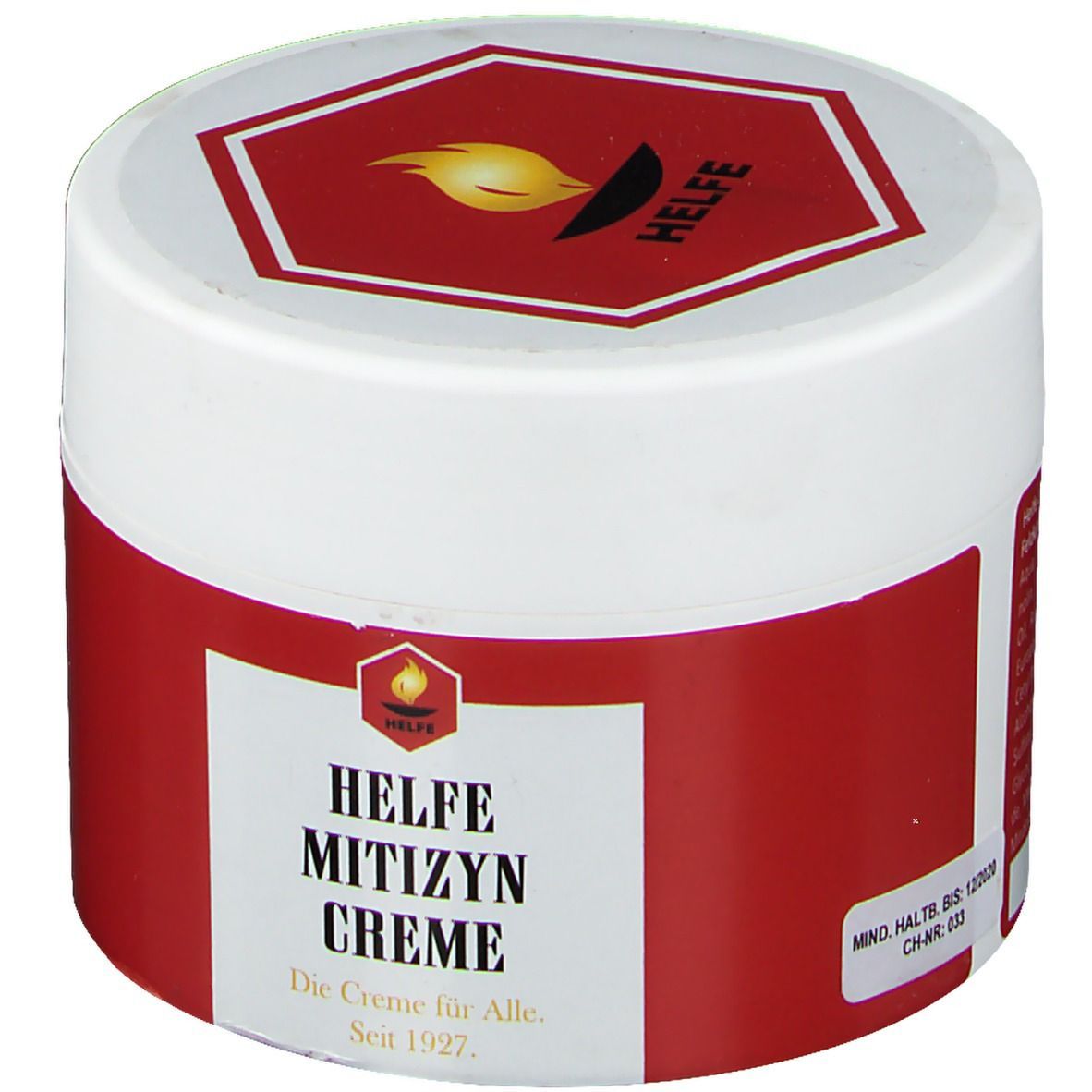 Runde Creme-Dose mit rotem Etikett und weißem Deckel. Auf dem Etikett steht HELFE MITIZYN CREME. Logo mit Flamme.