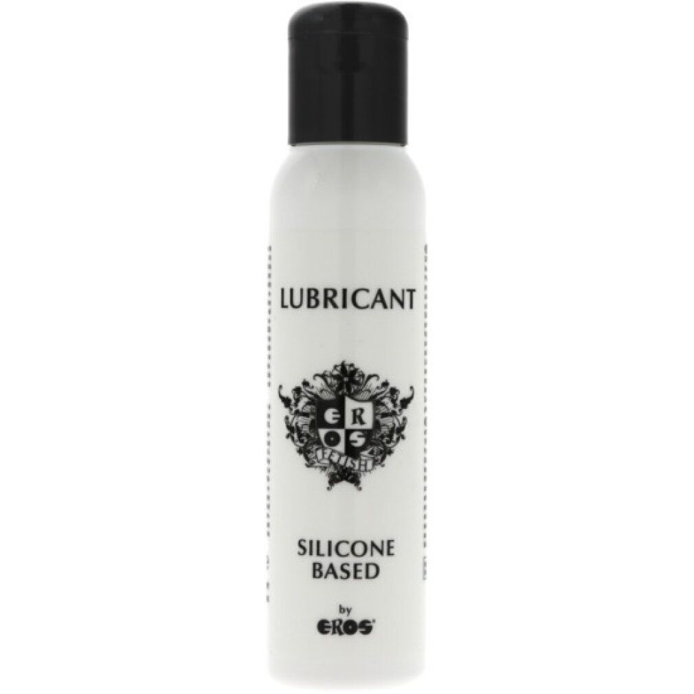 Weißes Fläschchen mit schwarzem Deckel. Aufschrift: LUBRICANT, SILICONE BASED, by EROS. Logo mit GR und Ornamenten.
