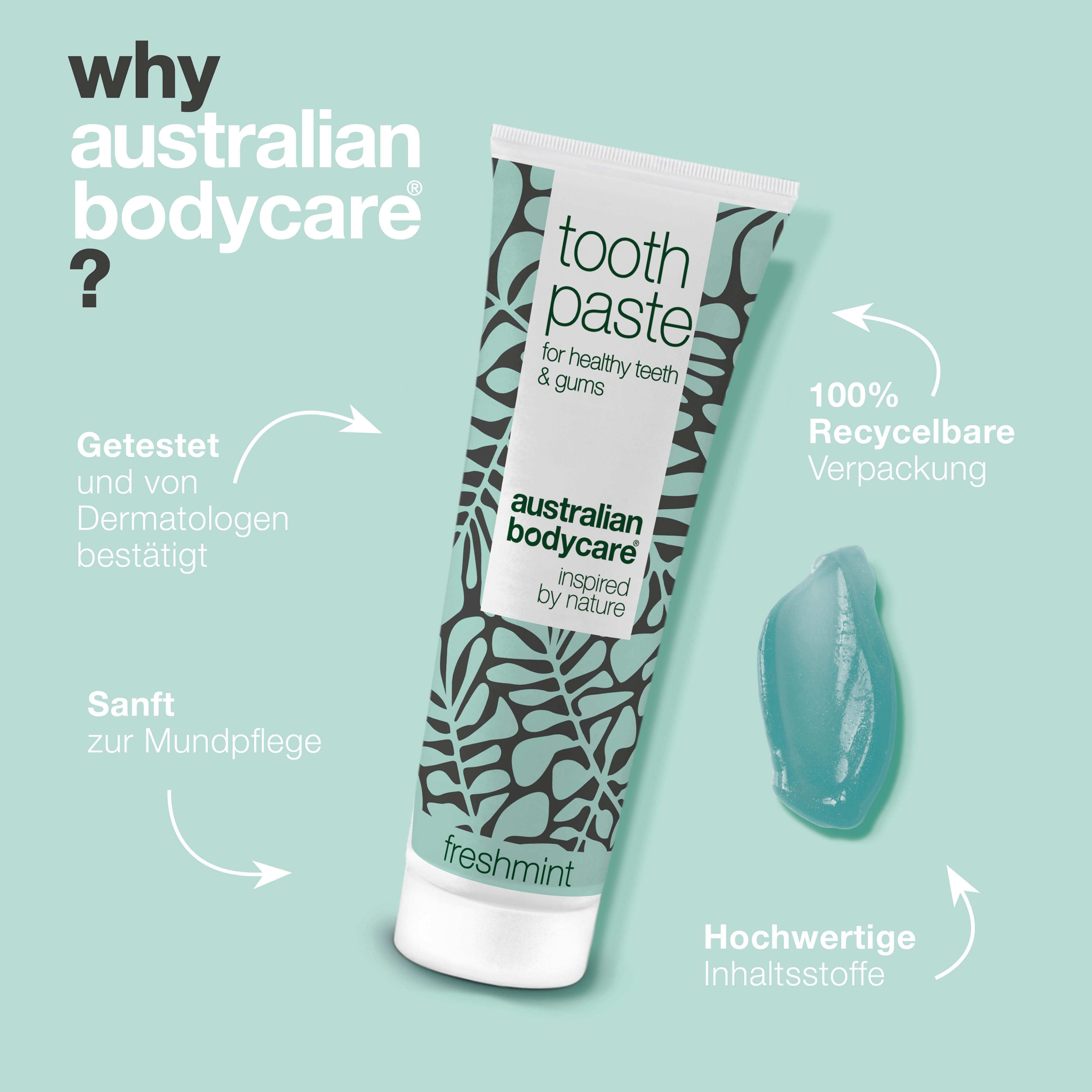 Zahnpasta-Tube und Zahnpasta-Klecks. Aufschrift: Toothpaste, Australian Bodycare, Freshmint. Text und Pfeile.