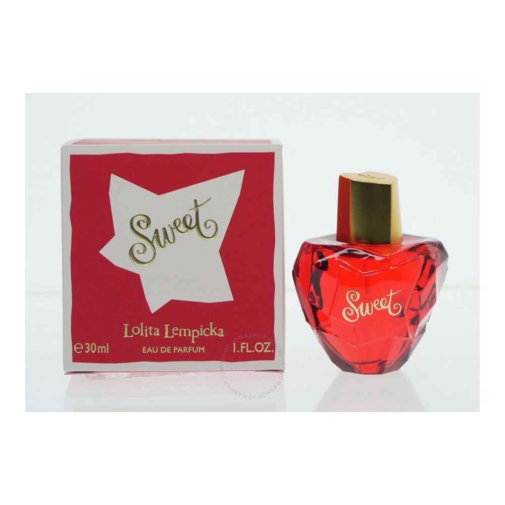 Roter Flakon mit goldener Kappe und Verpackung. Aufschrift "Sweet" und "Lolita Lempicka". 30ml Eau de Parfum.