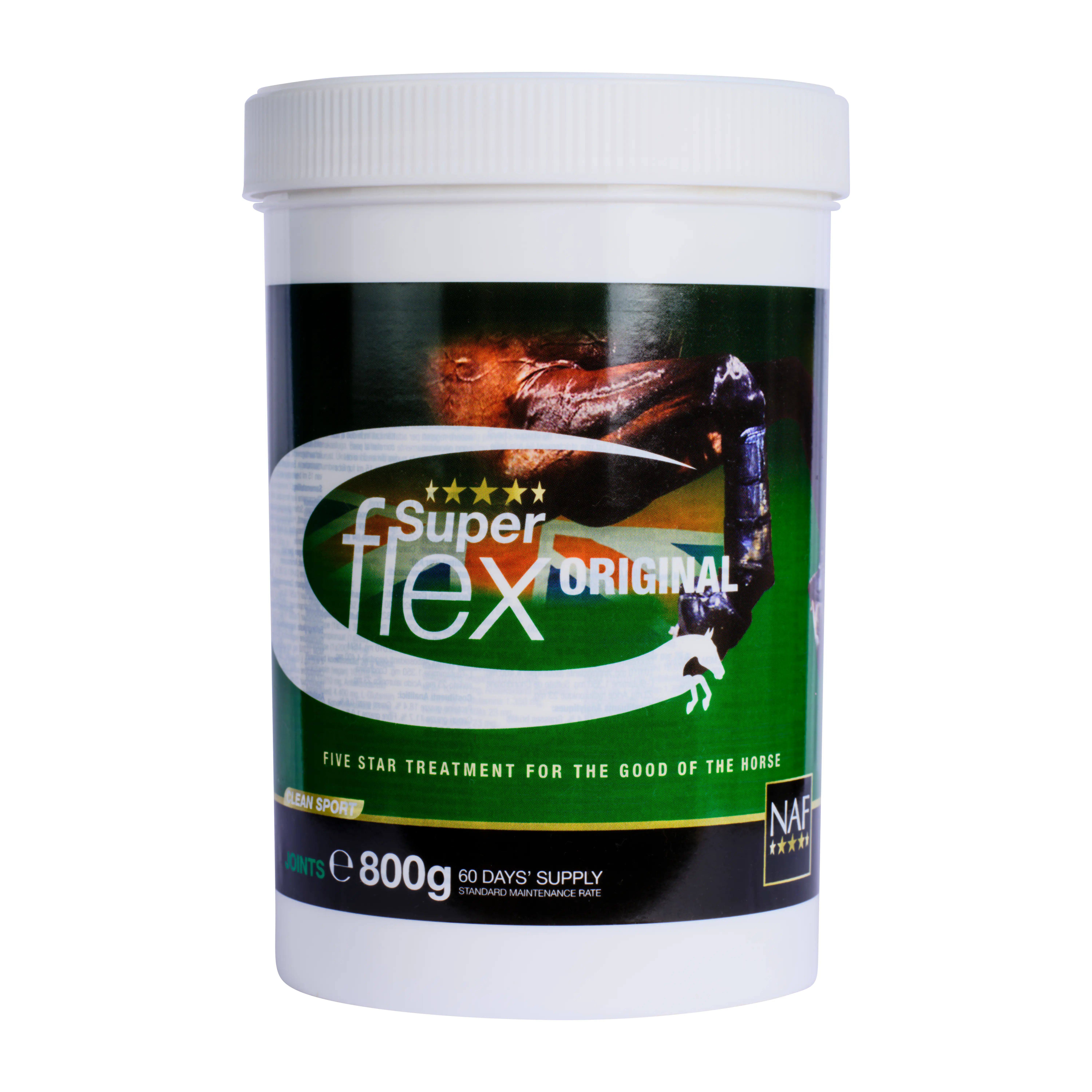 Weißer Behälter mit grünem Etikett. Aufschrift: Super Flex Original, 800g, 60 Tage Vorrat. Für Pferde. Marke NAF.