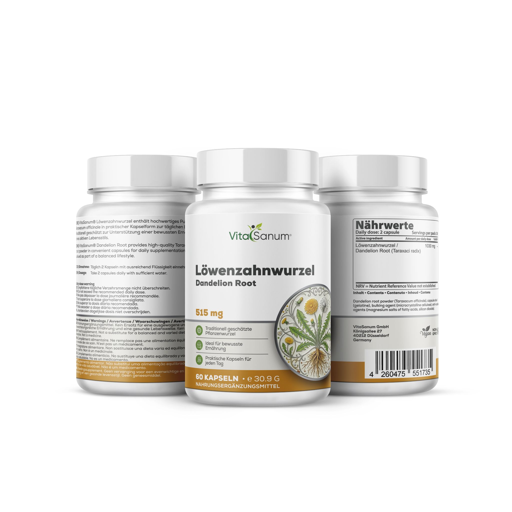 Drei Behälter VitaSanum Löwenzahnwurzel Kapseln, 515 mg. Einer vorne, zwei hinten.