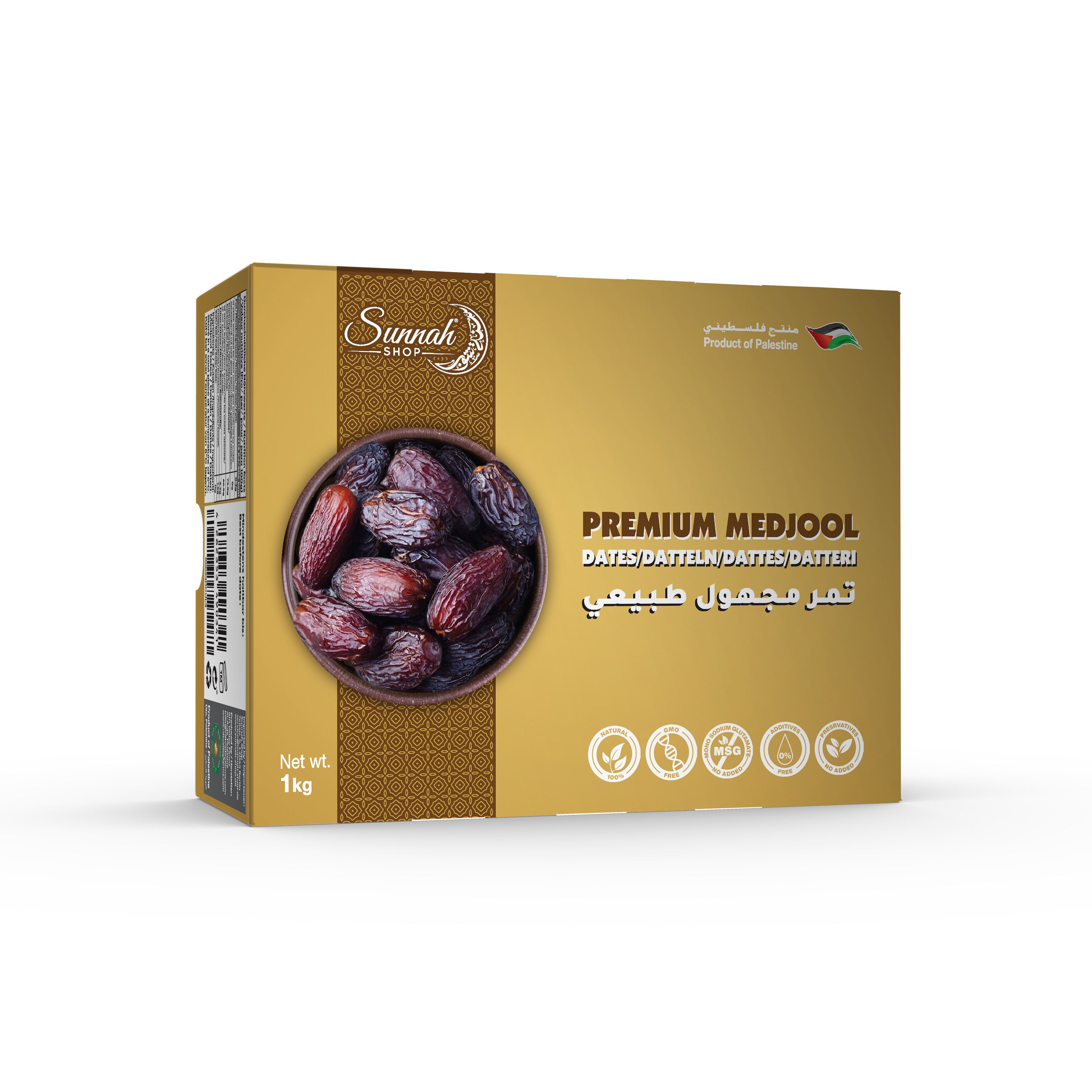 Verpackung von Premium Medjool Datteln. Goldfarbene Schachtel mit Datteln in einer Schale. Netto 1kg.