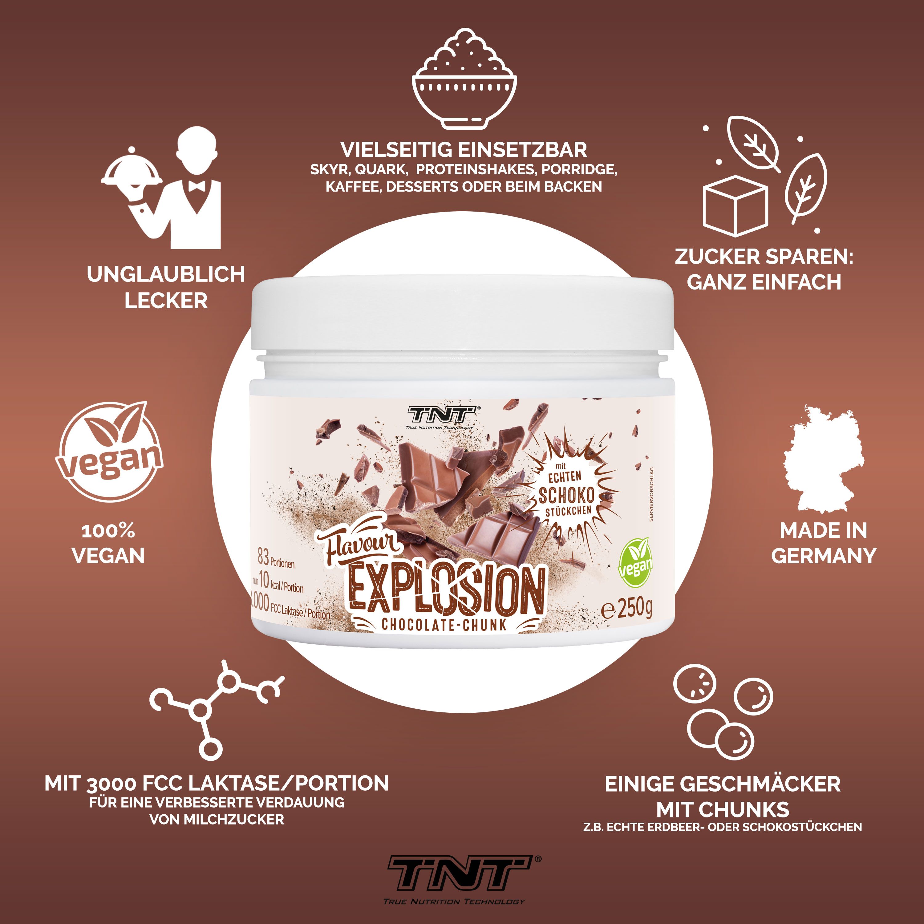 Produktglas mit braunem Etikett, umgeben von Infografiken. Aufschrift: Flavour Explosion, Schokostückchen, vegan. TNT Logo. Made in Germany.