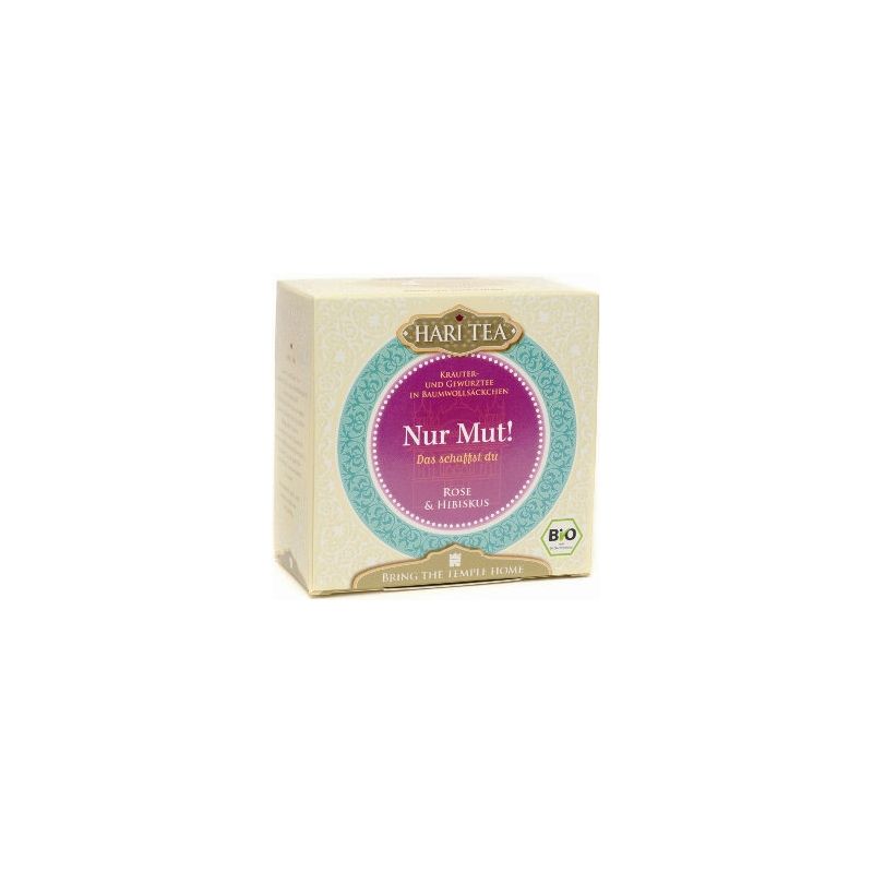 Kartonverpackung mit Text. Aufschrift: Hari Tea, Nur Mut! Rose & Hibiskus. Bio-Siegel.