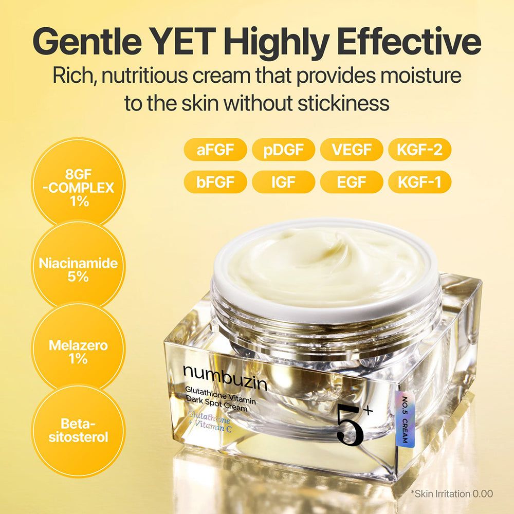 NUMBUZIN Nr.5 Vitamin Glutathione Dark Spot Laser Creme in einem transparenten Tiegel mit Informationen zu Inhaltsstoffen.