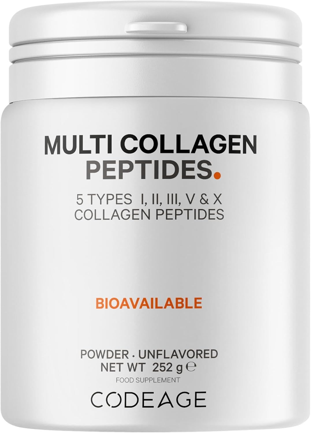 Weißes Pulverbehälter mit Aufschrift 'Multi Collagen Peptides'. Enthält 5 Kollagentypen. Marke: Codeage.