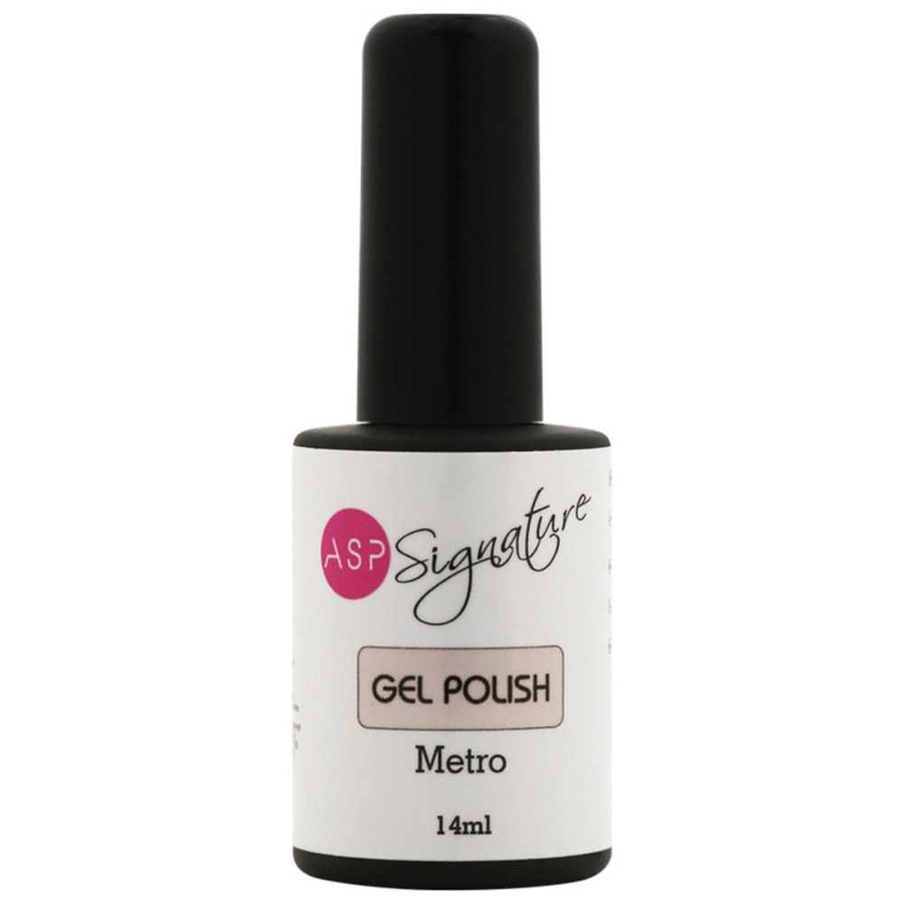 Nagellackflasche mit schwarzem Deckel. Etikett mit ASP Signature, Gel Polish, Metro, 14ml.