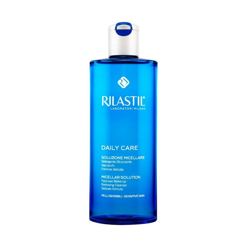 Blaue Flasche mit weißem Deckel. Aufschrift: RILASTIL, DAILY CARE, Micellar Solution. Für empfindliche Haut.