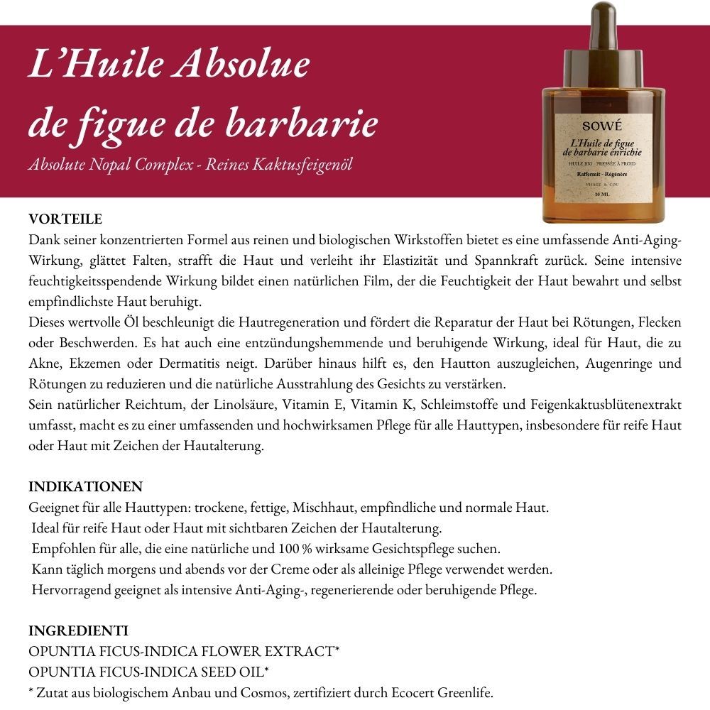 Produktabbildung: Braune Glasflasche mit Pipette. Text: L'Huile Absolue de figue de barbarie. Text und Inhaltsstoffe.
